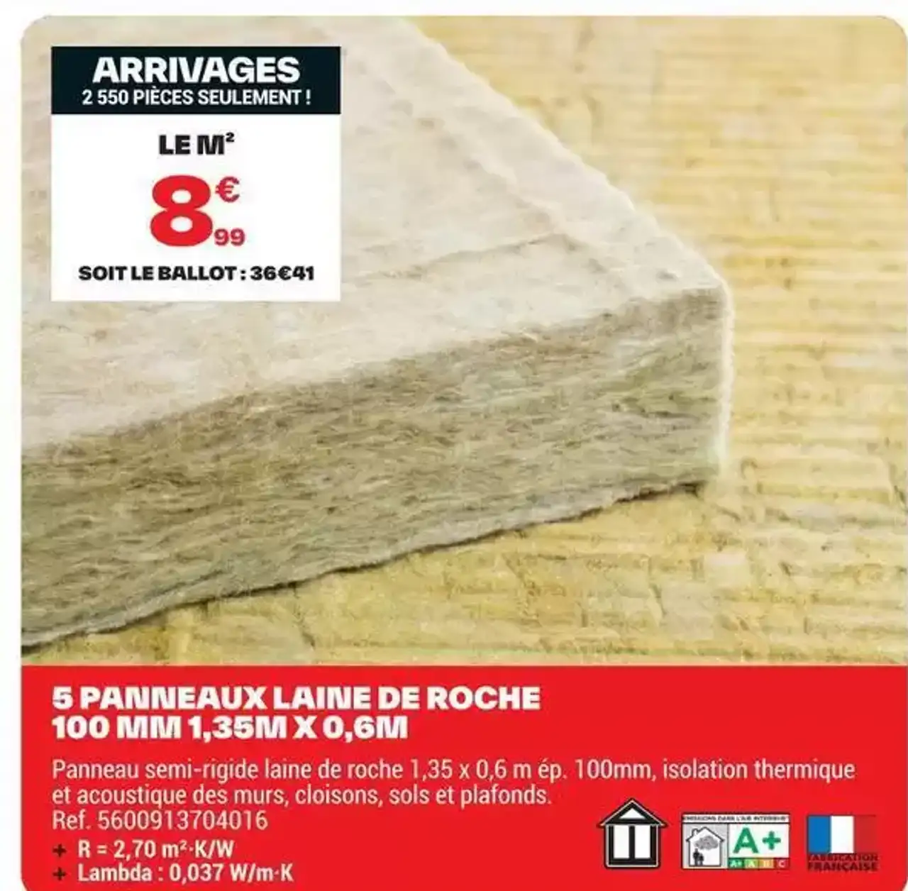 5 Panneaux laine de roche 100 mm 1,35m x 0,6m