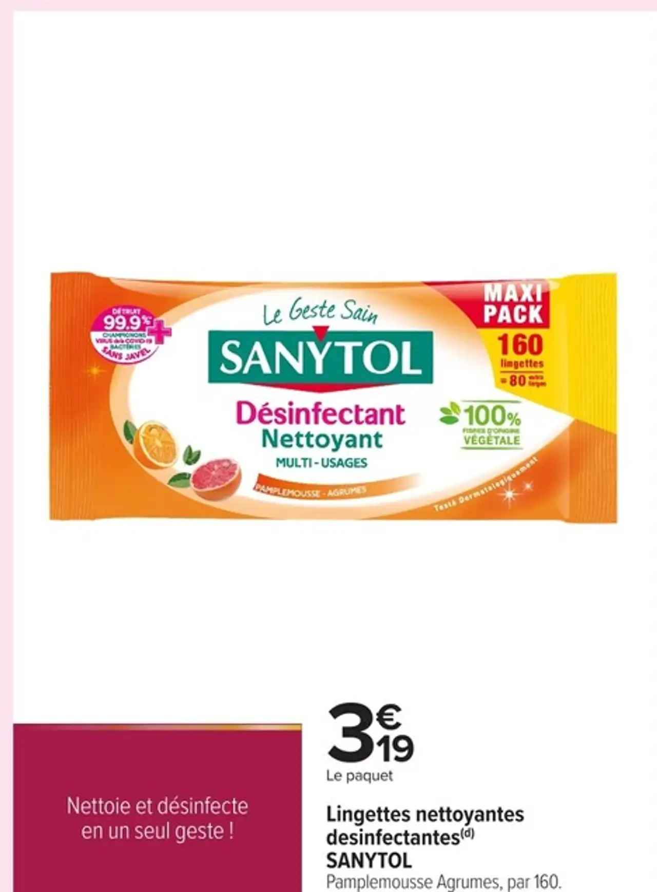 Lingettes nettoyantes désinfectantes SANYTOL Pamplemousse Agrumes, par 160
