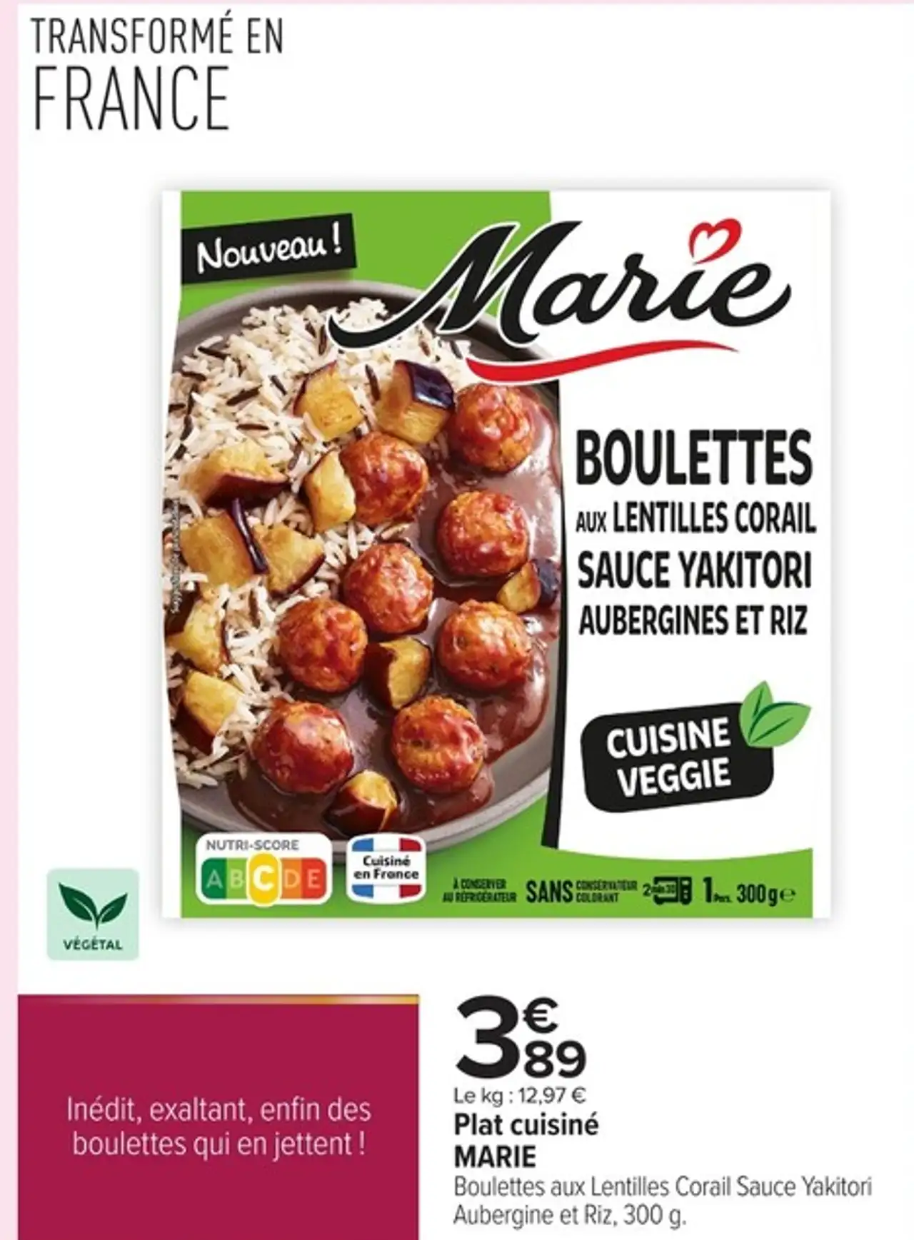 Plat cuisiné Marie Boulettes aux Lentilles Corail Sauce Yakitori Aubergine et Riz