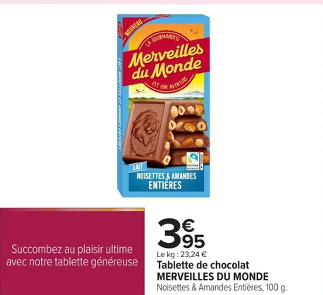 Tablette de chocolat MERVEILLES DU MONDE Noisettes & Amandes Entières, 100 g.