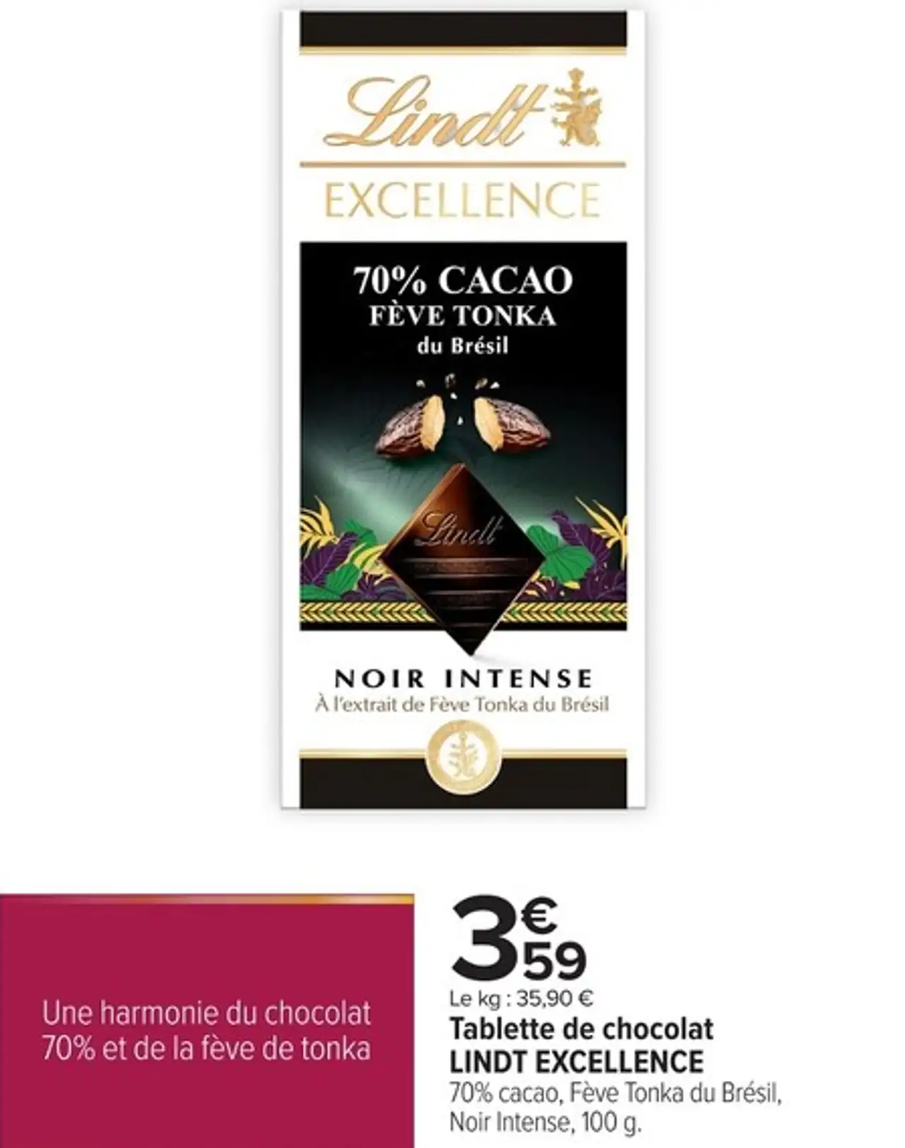 Tablette de chocolat LINDT EXCELLENCE 70% cacao, Fève Tonka du Brésil, Noir Intense