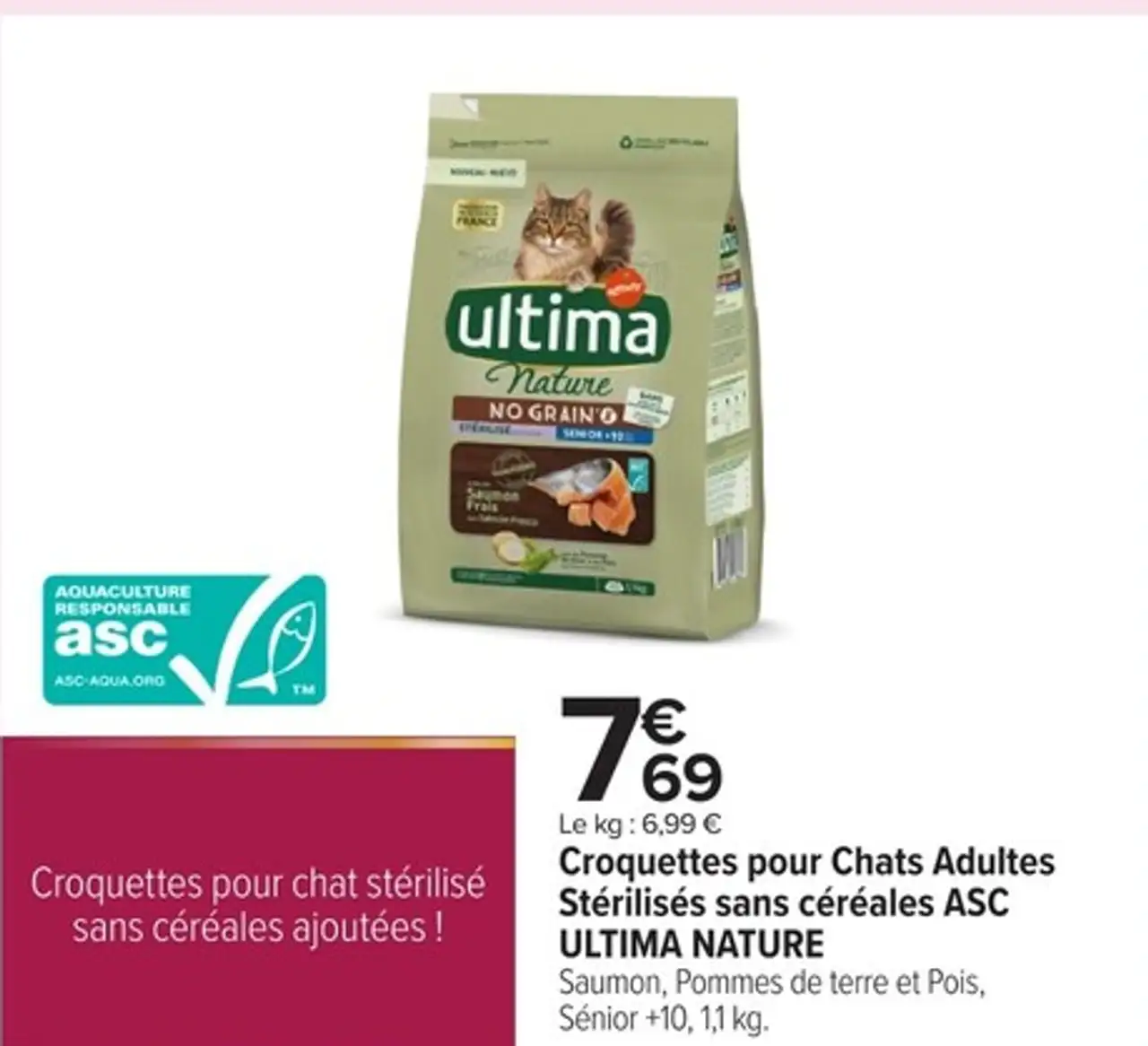 Croquettes pour Chats Adultes Stérilisés sans céréales ASC Saumon, Pommes de terre et Pois ULTIMA NATURE