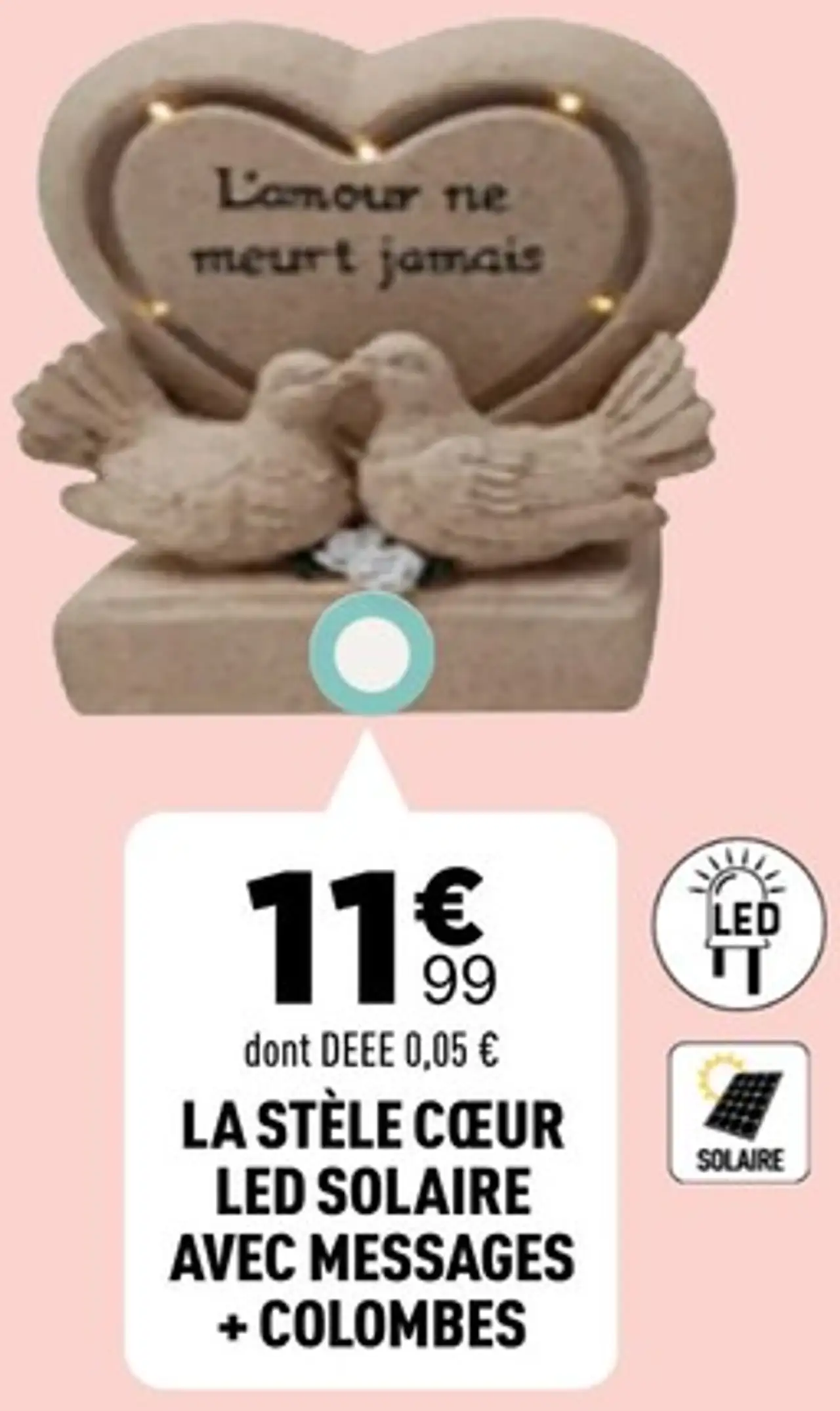 La stèle cœur LED solaire avec messages + colombes