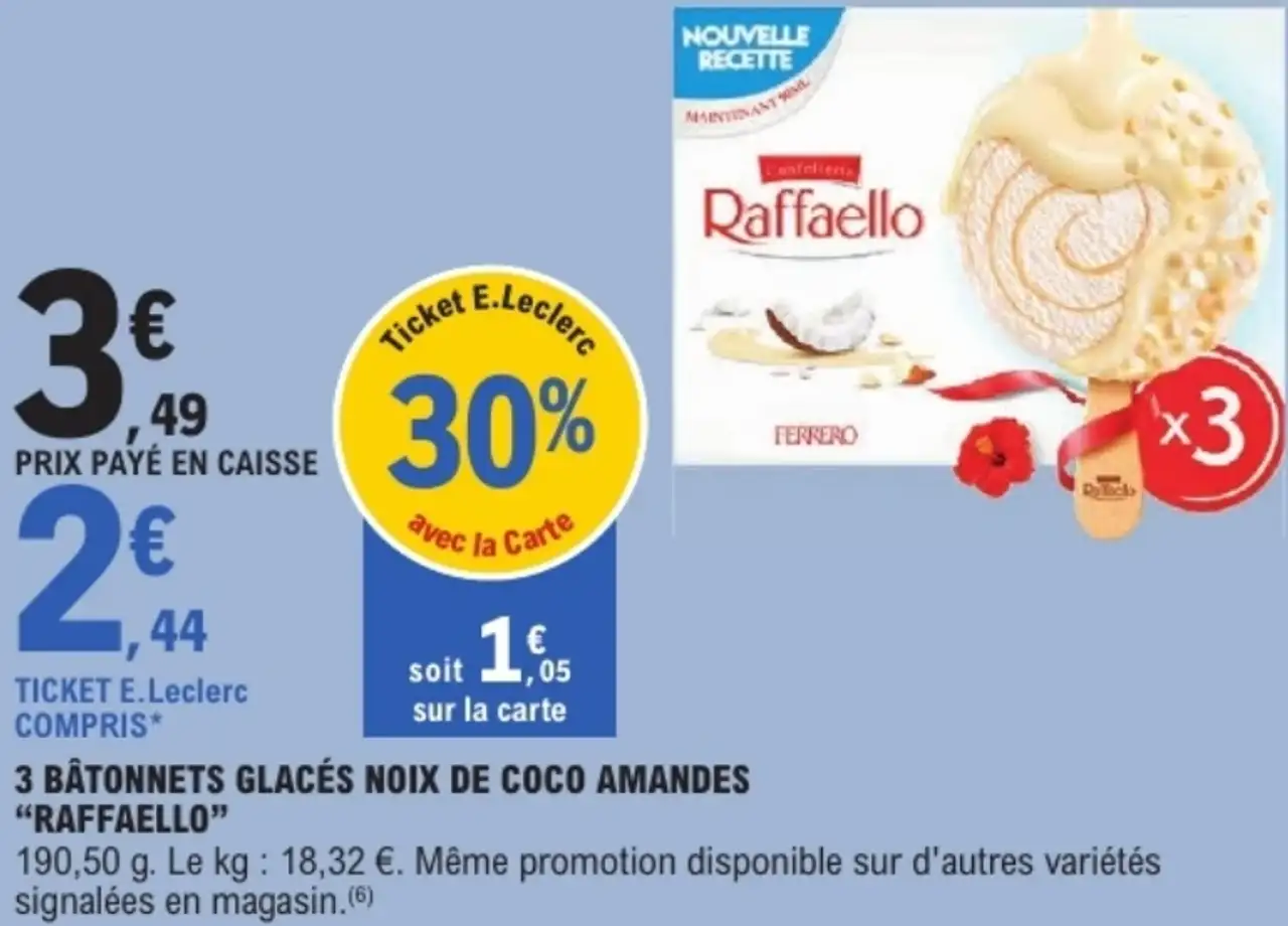 3 BÂTONNETS GLACÉS NOIX DE COCO AMANDES "RAFFAELLO"