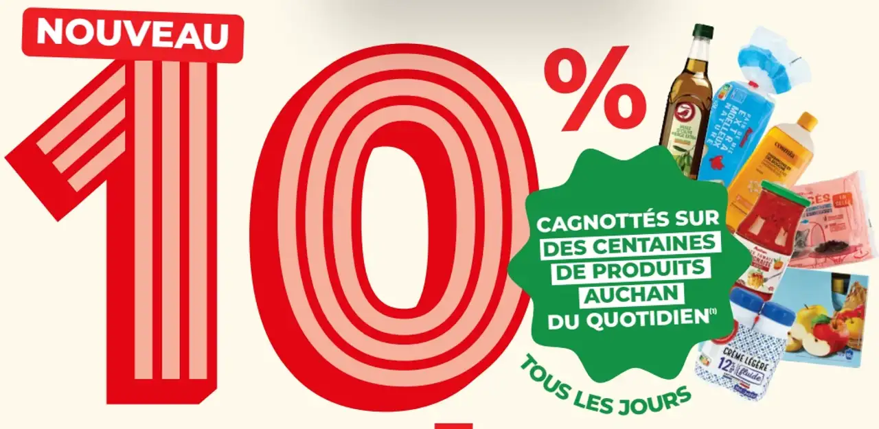 10% cagnottés sur des centaines de produits Auchan du quotidien tous les jours