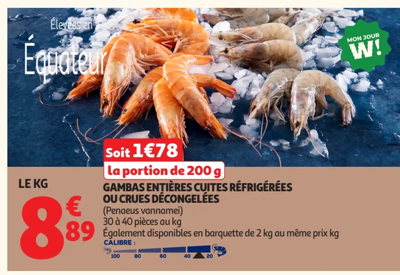 Gambas entières cuites réfrigérées ou crues décongelées