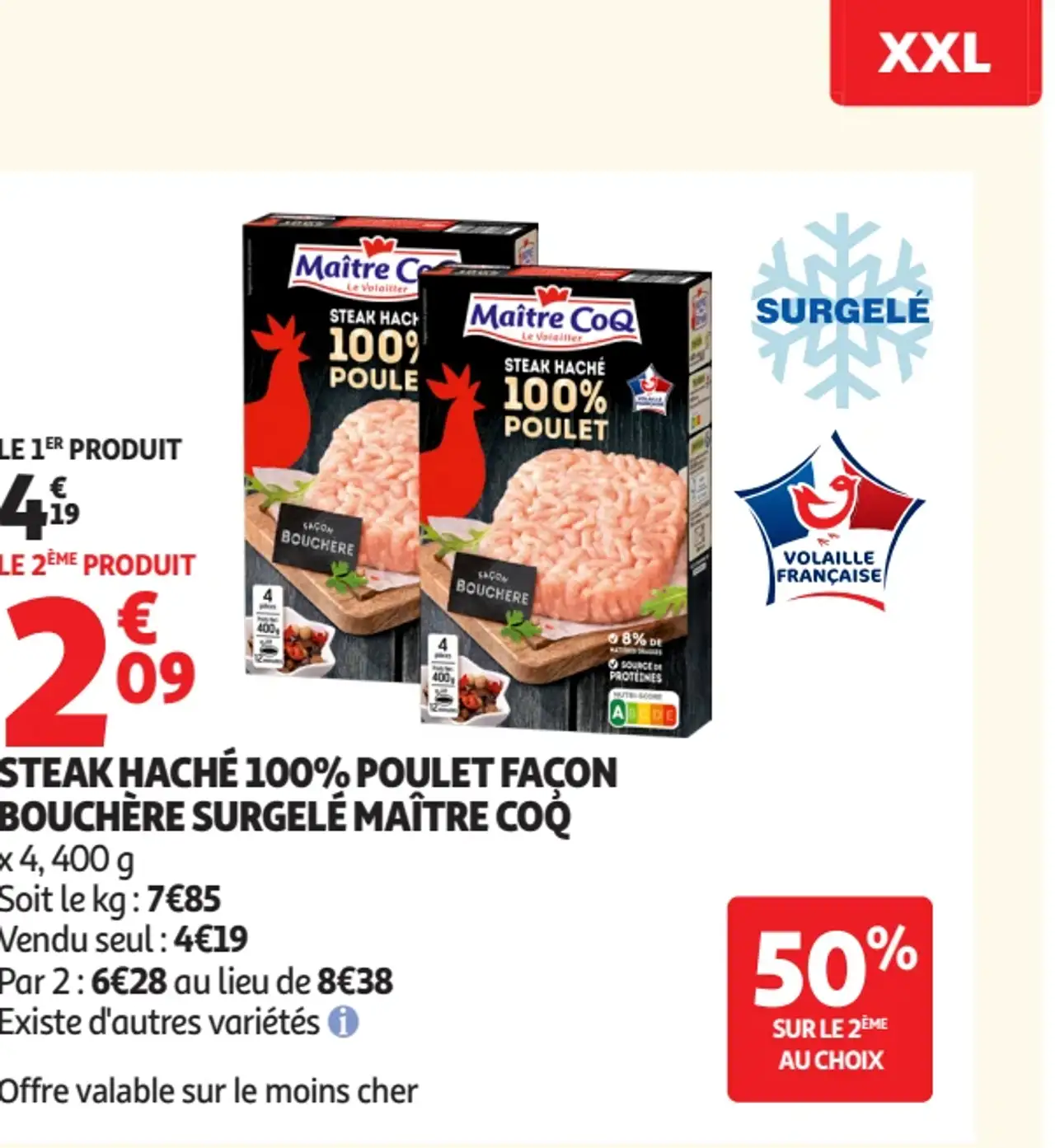 STEAK HACHÉ 100% POULET FAÇON BOUCHÈRE SURGELÉ MAÎTRE COQ