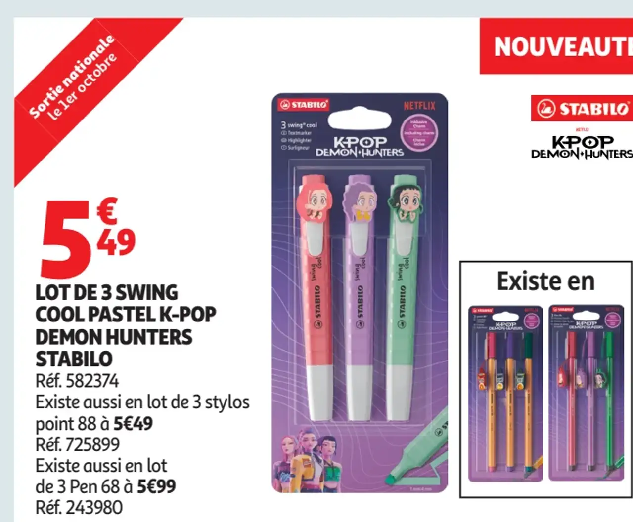 LOT DE 3 SWING COOL PASTEL K-POP DEMON HUNTERS STABILO