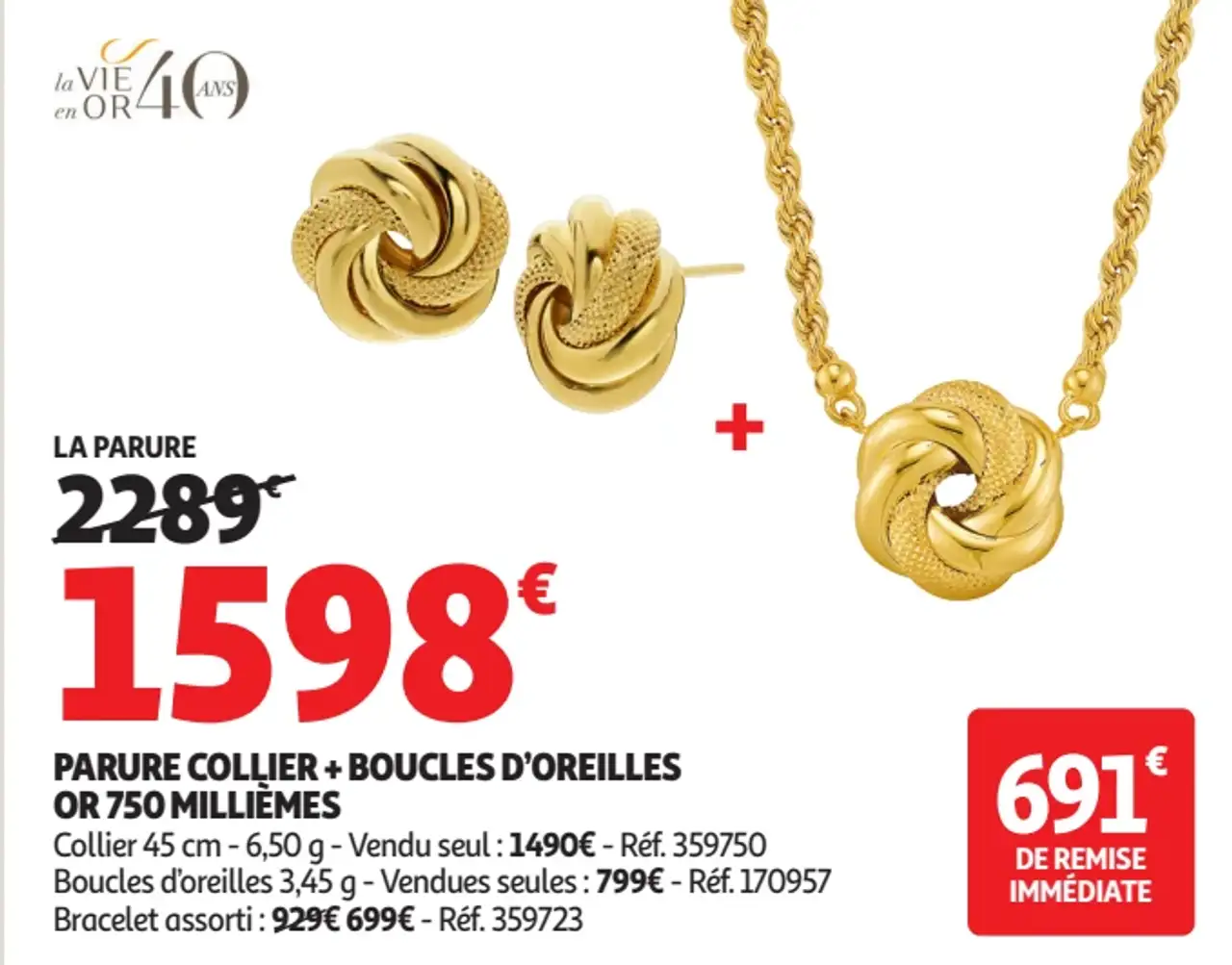 Parure Collier + Boucles d'Oreilles Or 750 Millièmes
