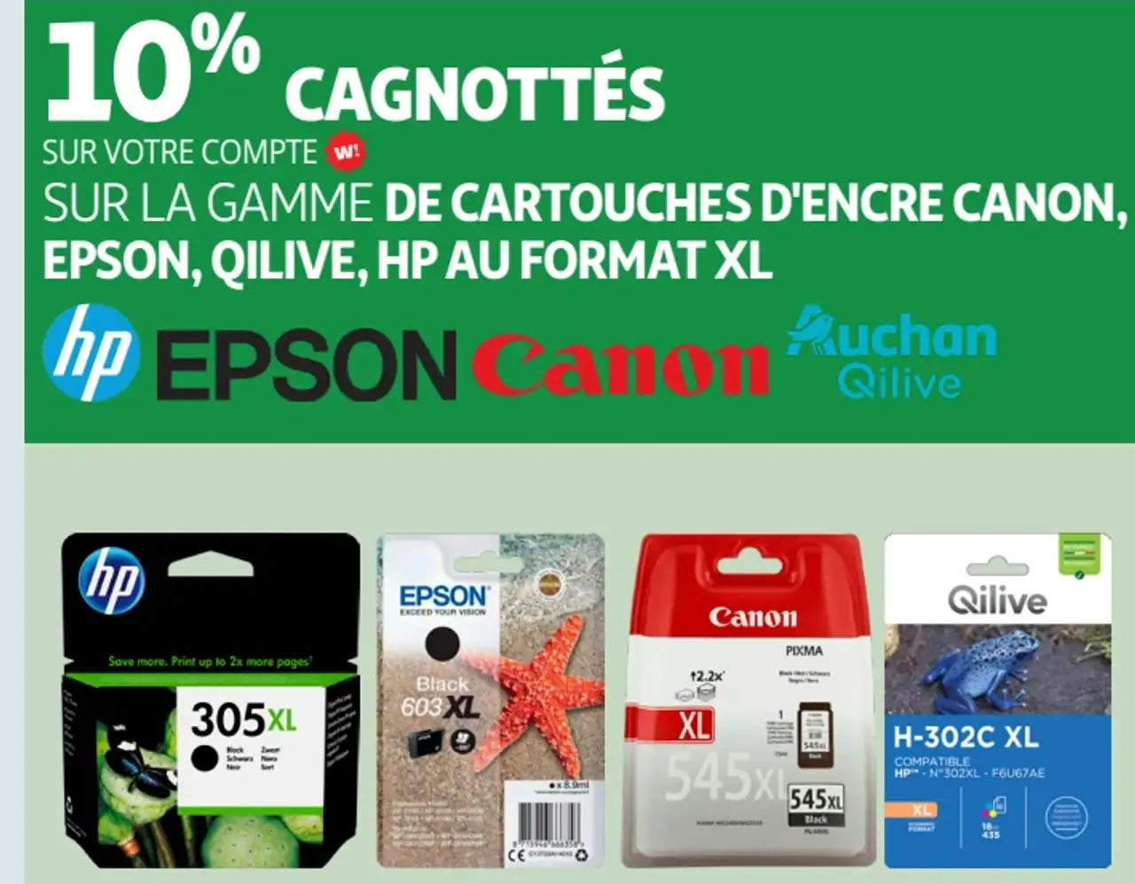 Gamme de cartouches d'encre Canon, Epson, Qilive, HP au format XL