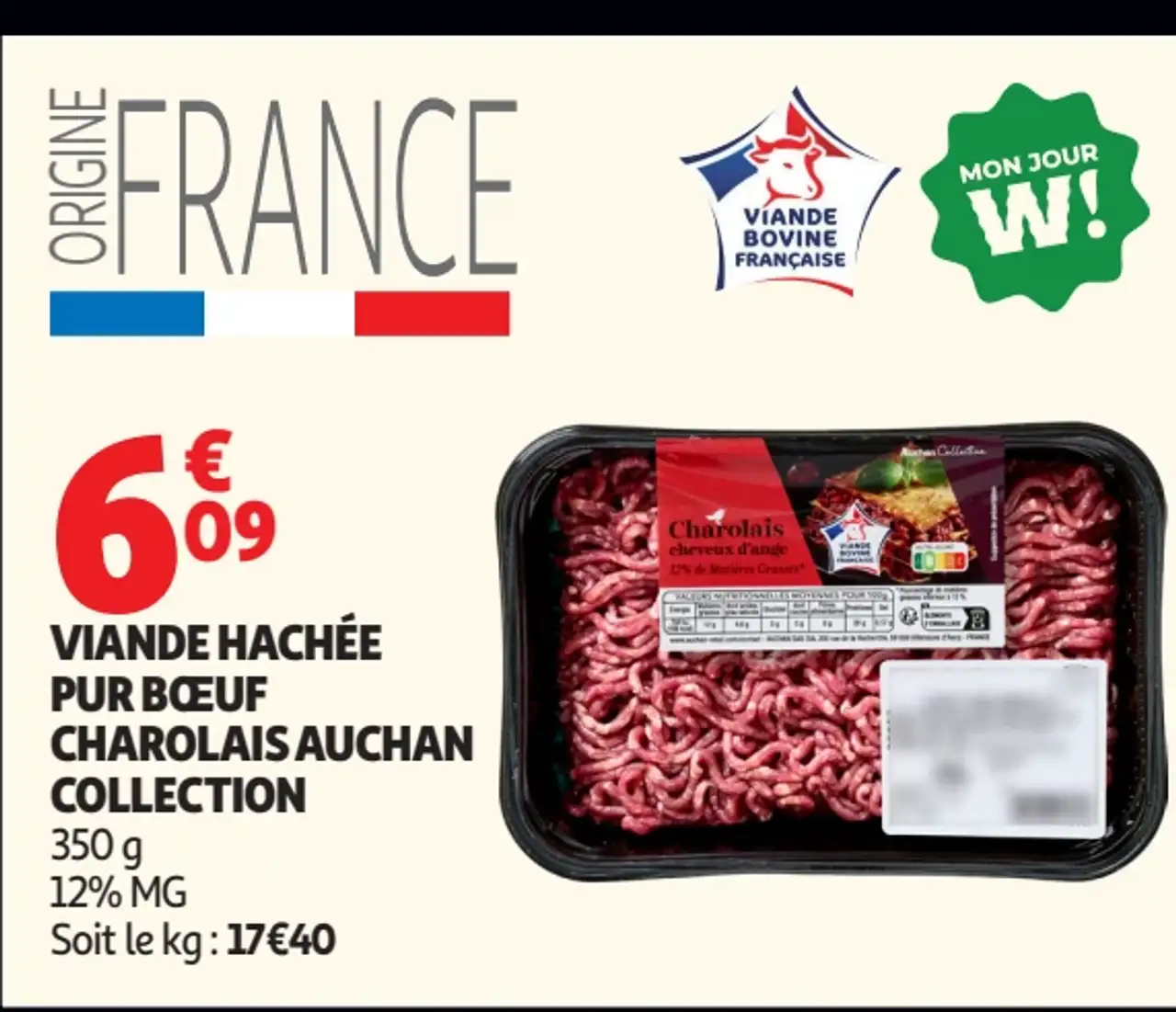 Viande hachée pur bœuf Charolais Auchan Collection