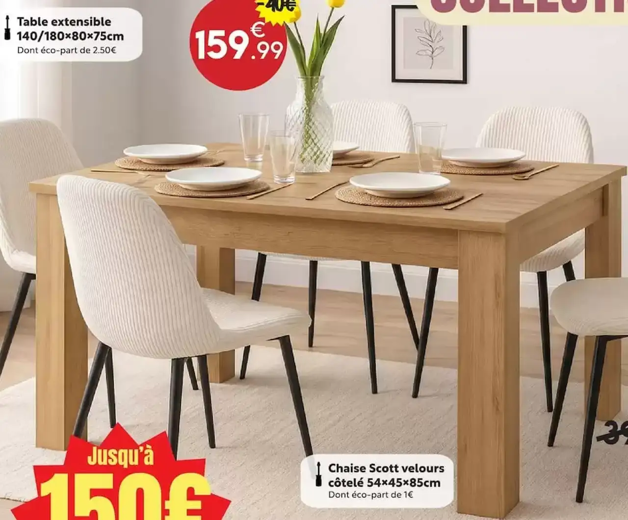 Table extensible 140/180×80×75cm Collection Sky
