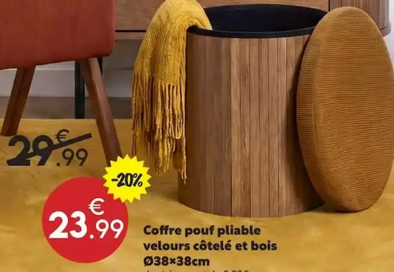 Coffre pouf pliable velours côtelé et bois