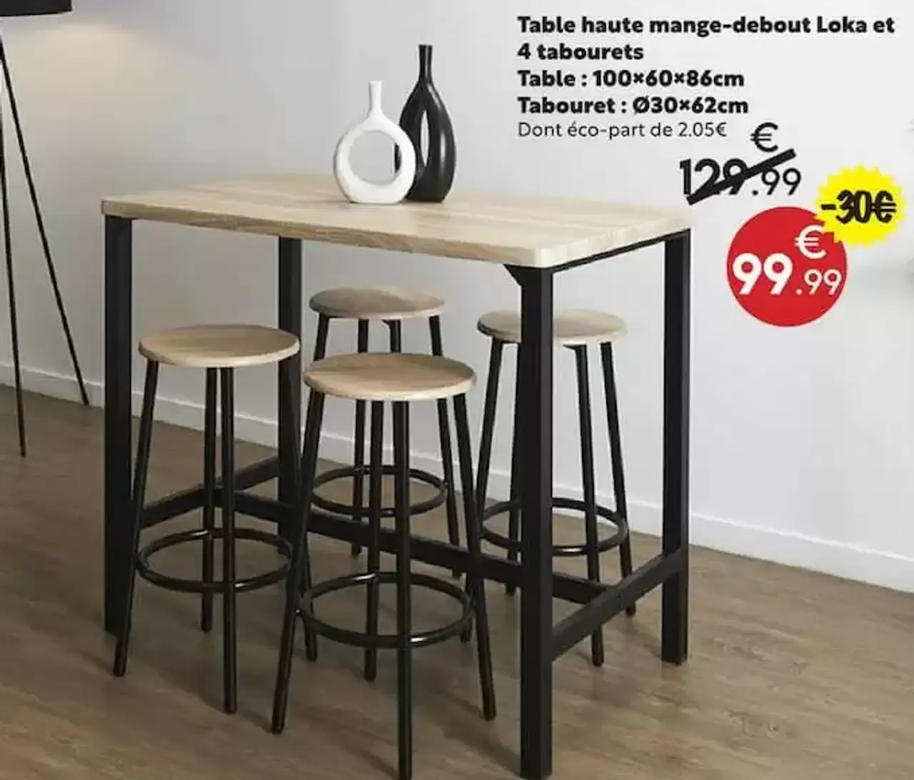 Table haute mange-debout Loka et 4 tabourets