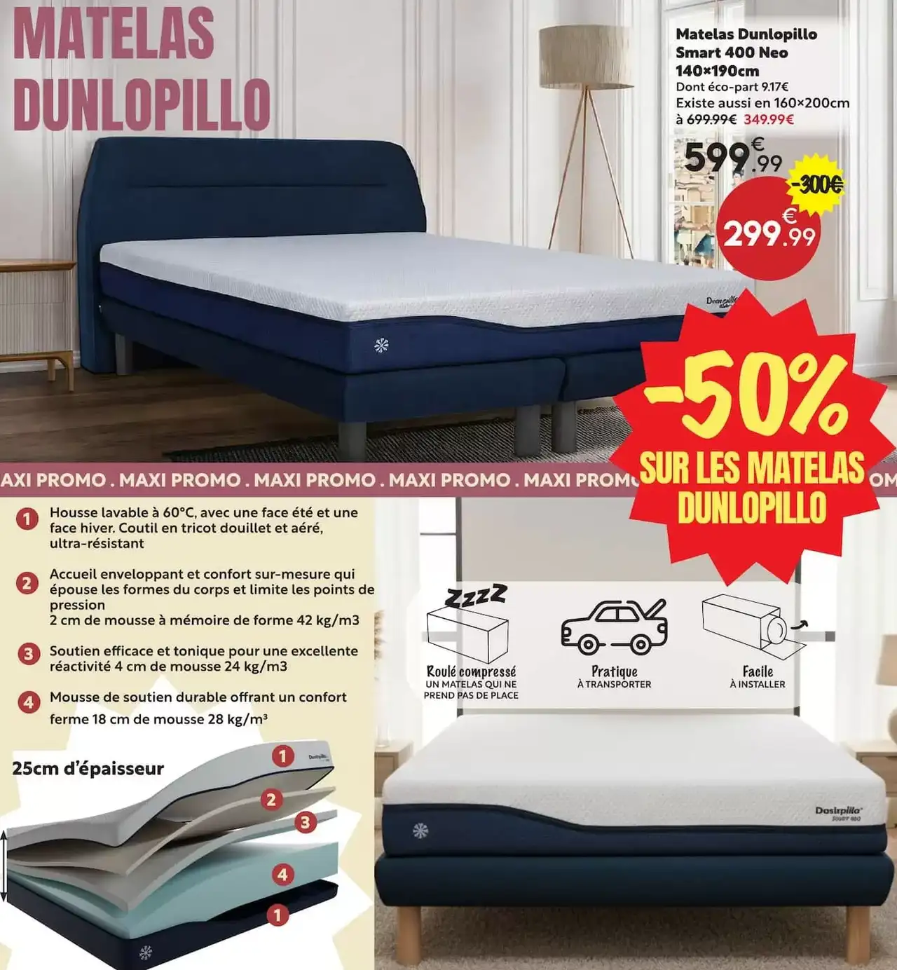 Matelas Dunlopillo Smart 400 Neo 140x190cm