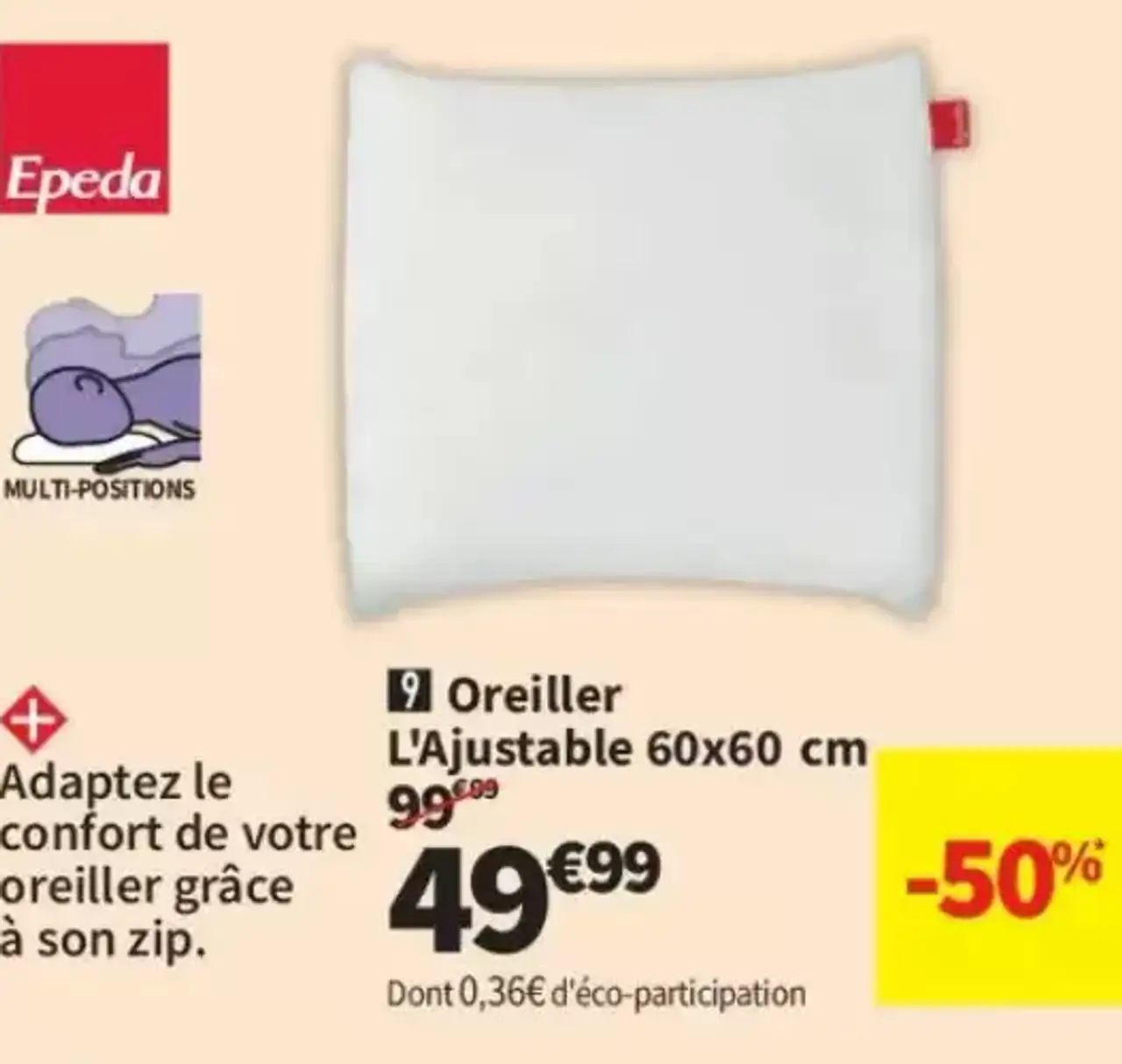 Epéda Oreiller L'Ajustable 60x60 cm