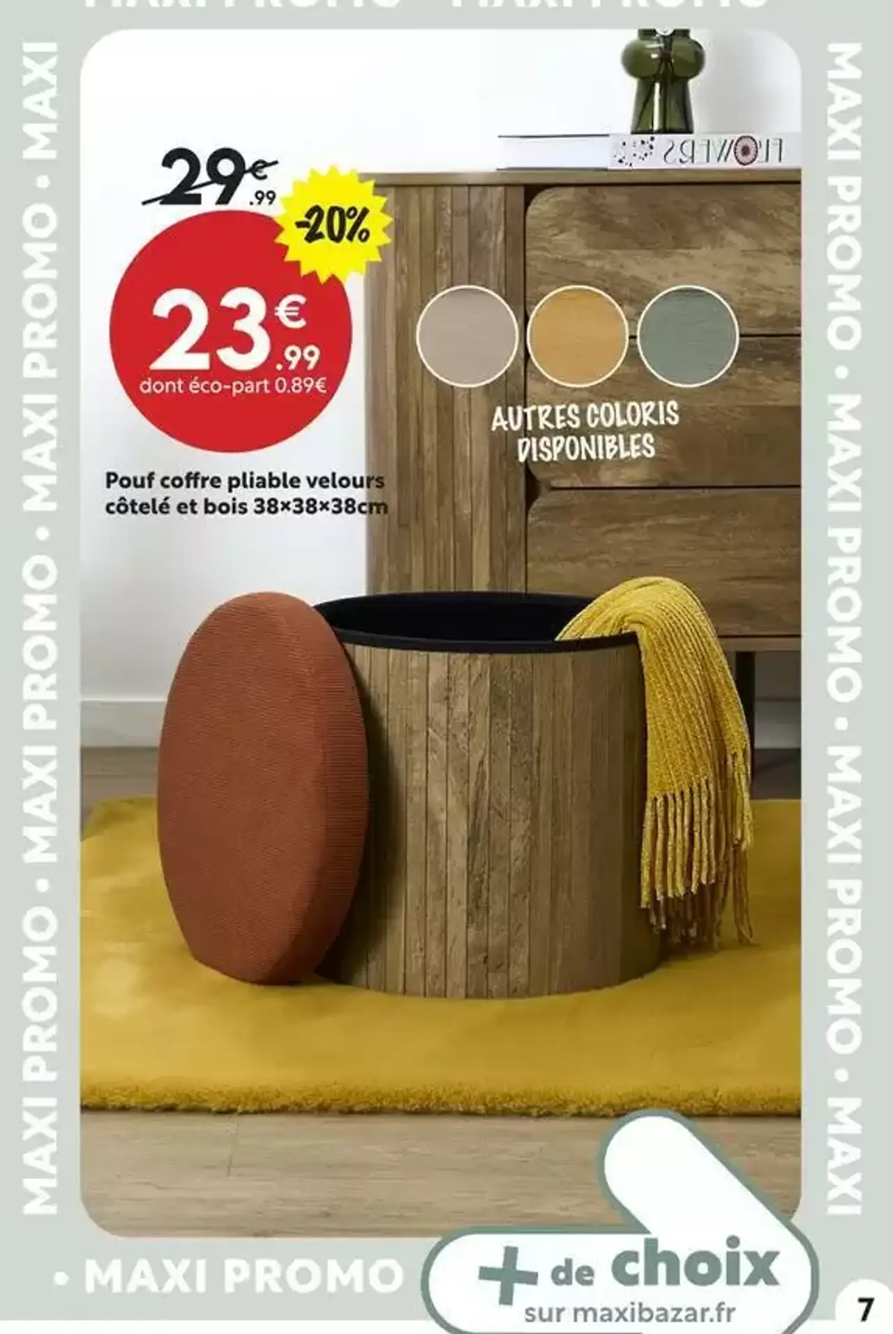 Pouf coffre pliable velours côtelé et bois 38×38×38cm