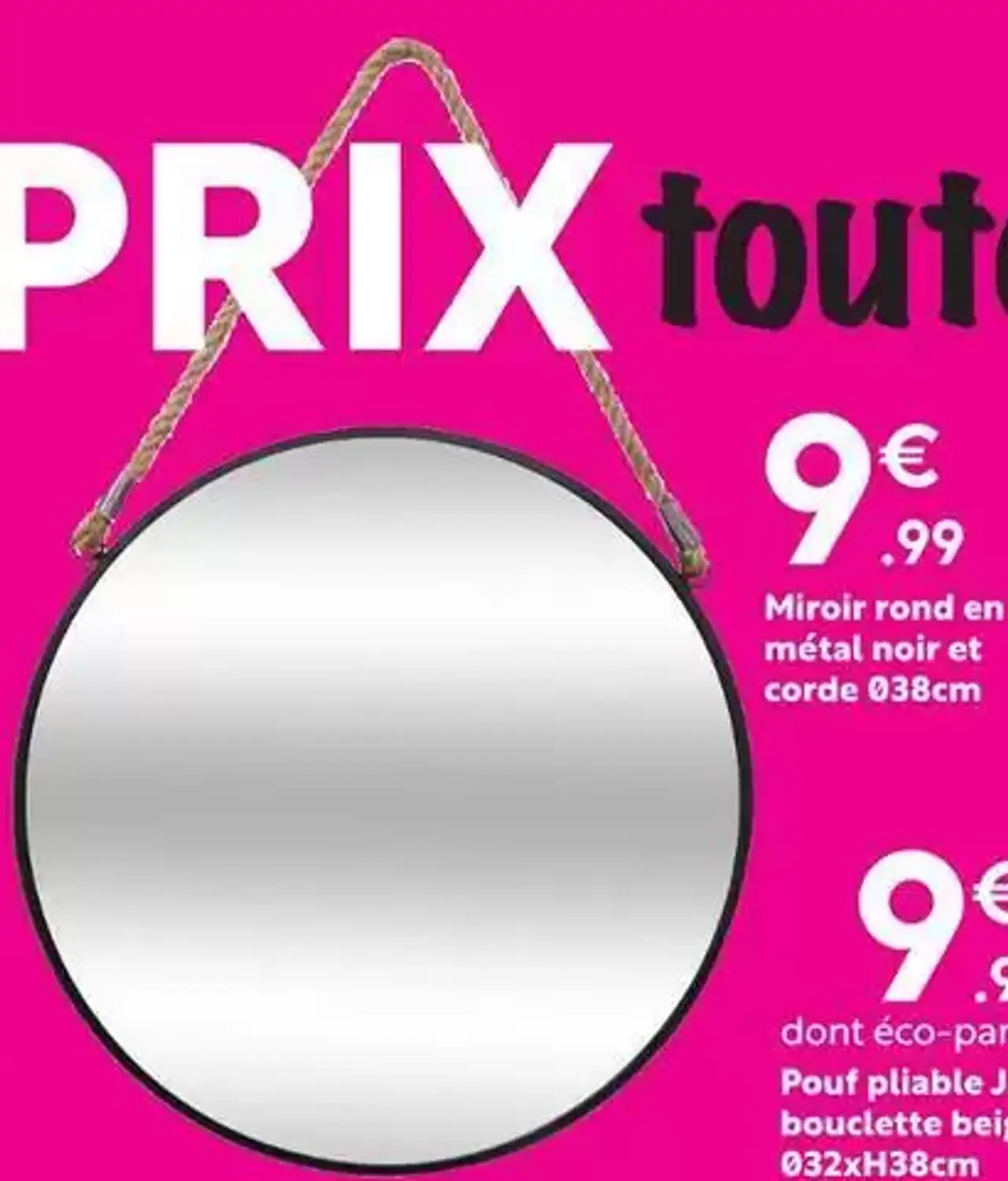 Miroir rond en métal noir et corde Ø38cm