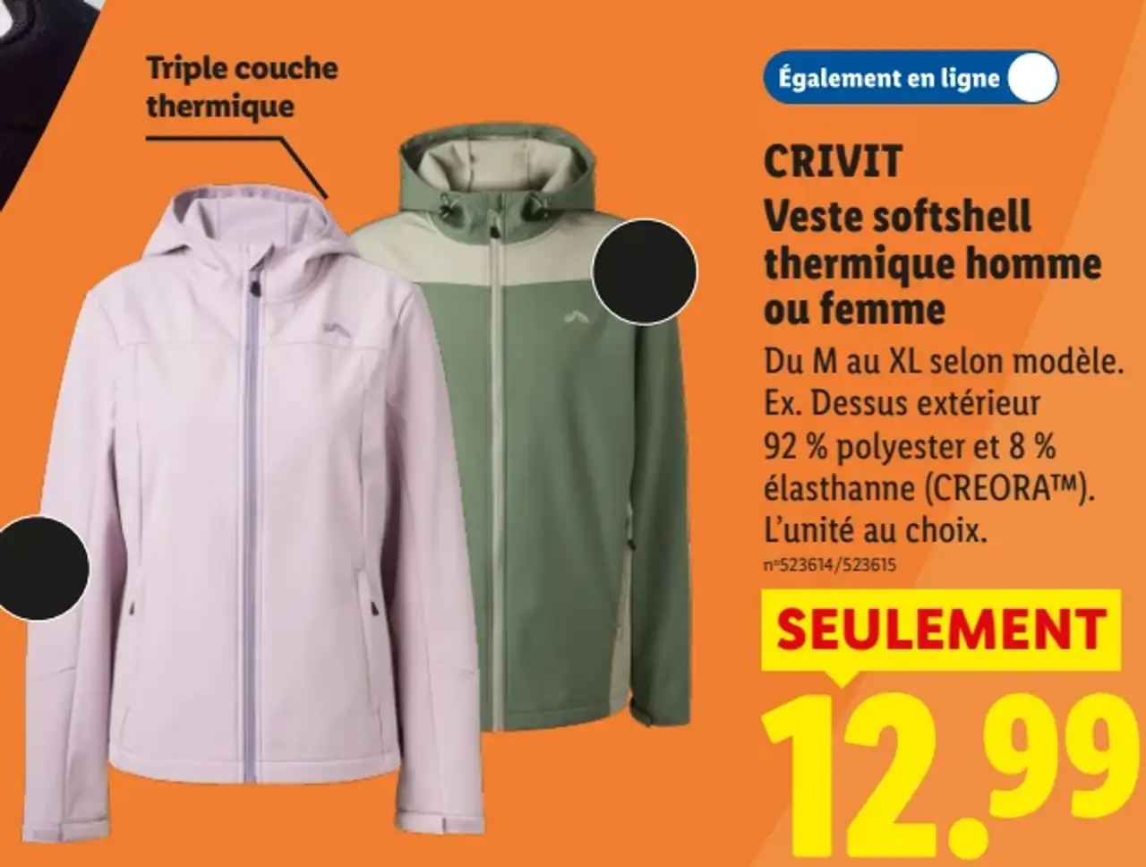 CRIVIT Veste softshell thermique homme ou femme