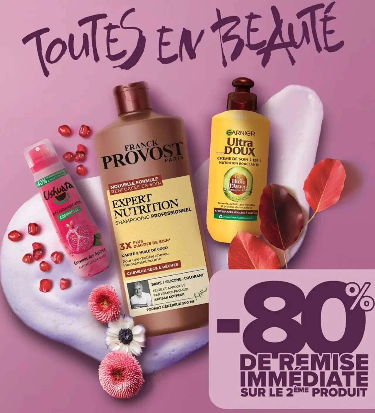Gamme de produits de soin Franck Provost, Ushuaïa et Garnier Ultra Doux