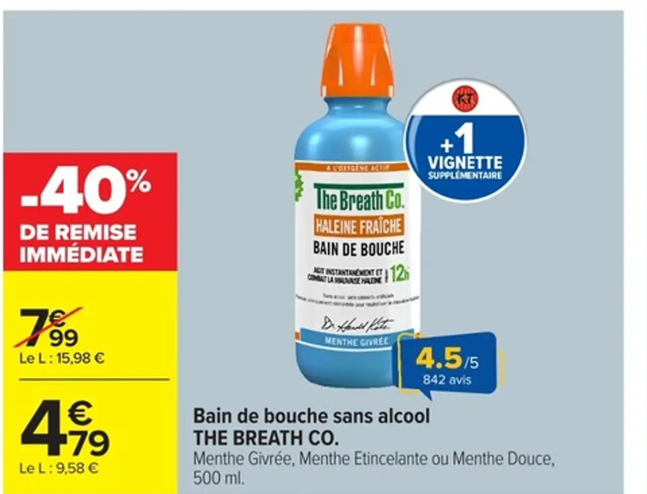 Bain de bouche sans alcool THE BREATH CO. Menthe Givrée, Menthe Étincelante ou Menthe Douce, 500 ml