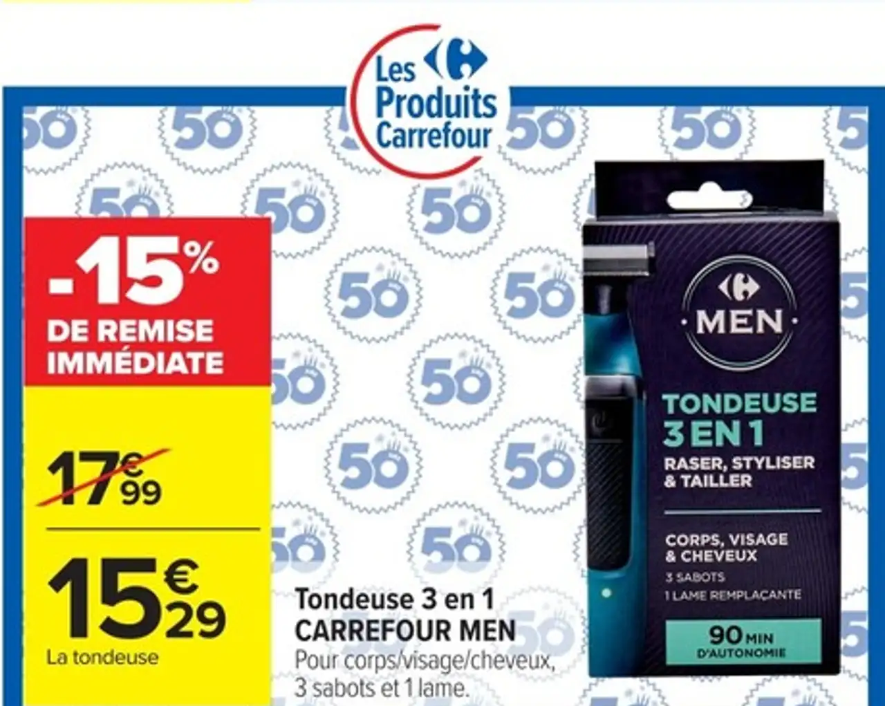 Tondeuse 3 en 1 CARREFOUR MEN Pour corps/visage/cheveux, 3 sabots et 1 lame