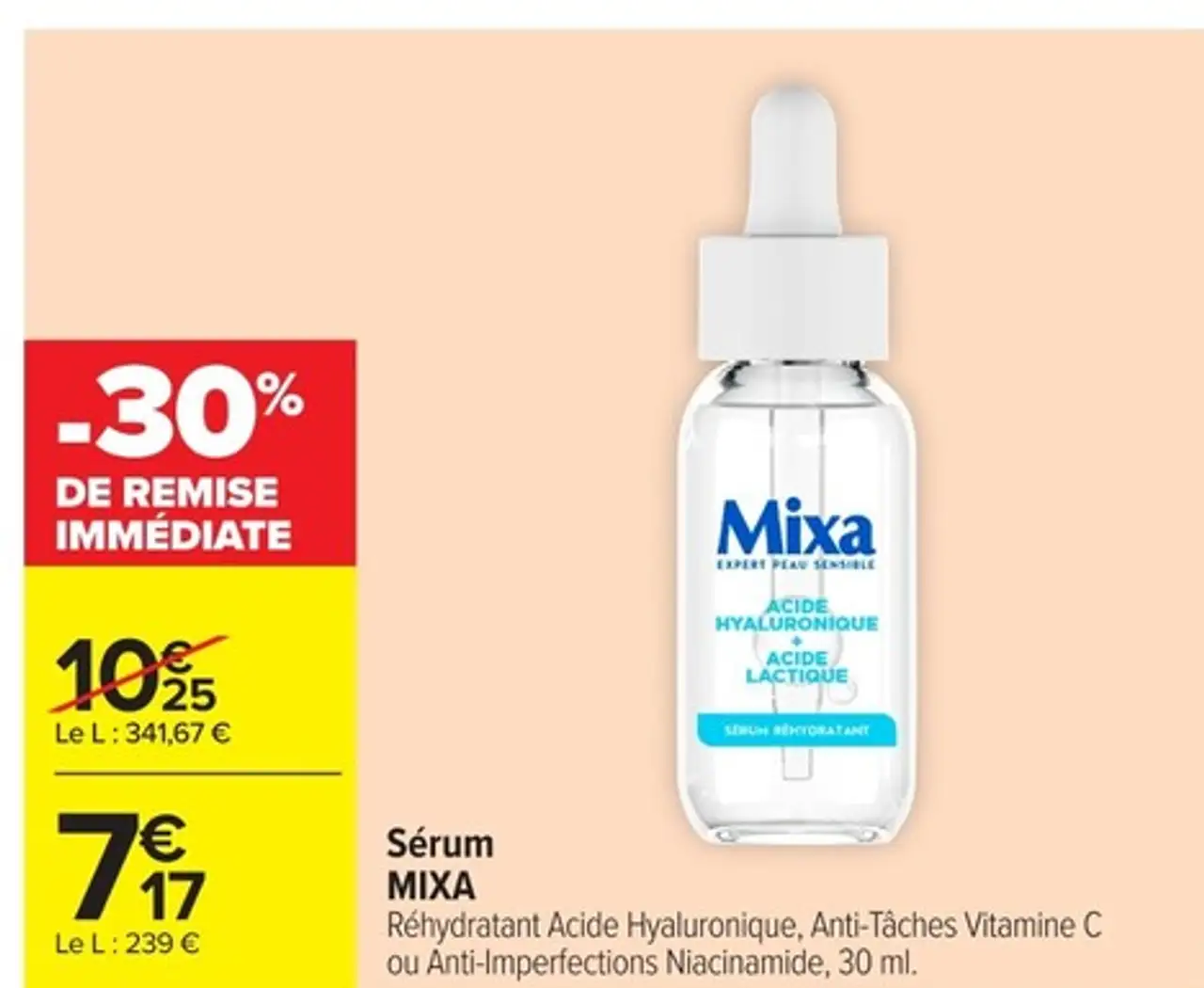 Sérum Mixa Réhydratant Acide Hyaluronique, Anti-Taches Vitamine C ou Anti-Imperfections Niacinamide