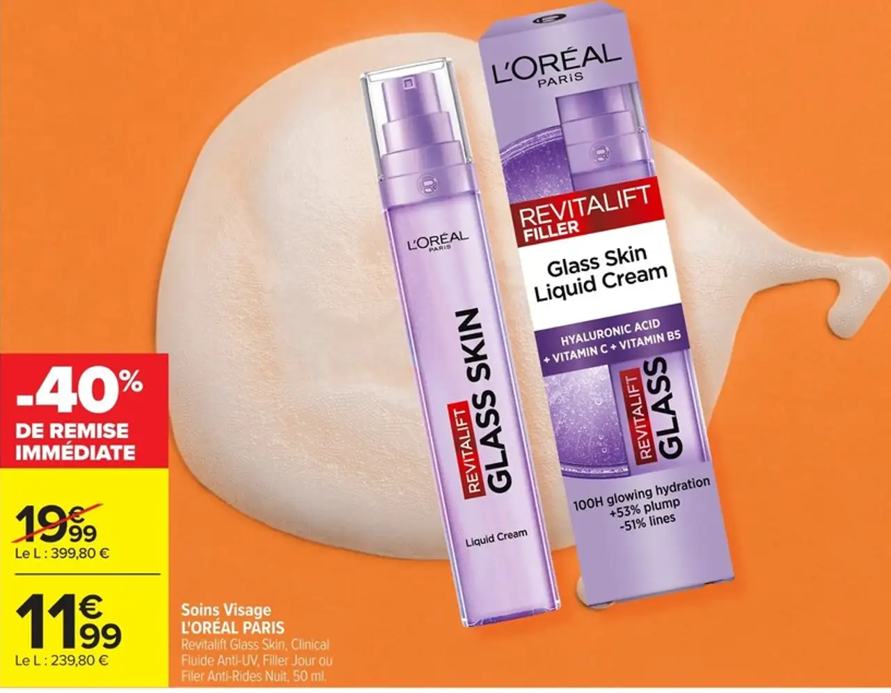 Soins Visage L'ORÉAL PARIS Revitalift Glass Skin, Clinical Fluide Anti-UV, Filler Jour ou Filer Anti-Rides Nuit, 50 ml.