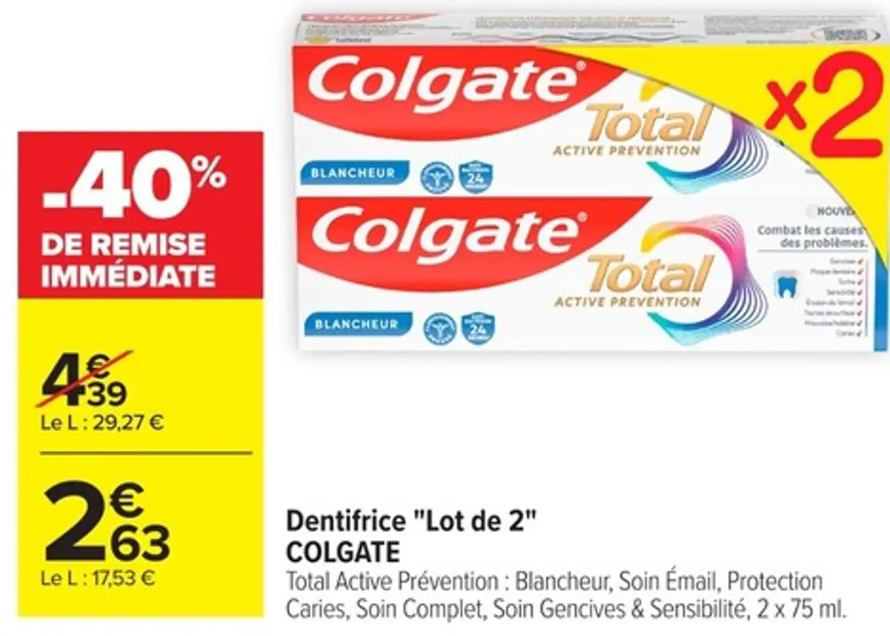 Dentifrice "Lot de 2" Colgate Total Active Prévention