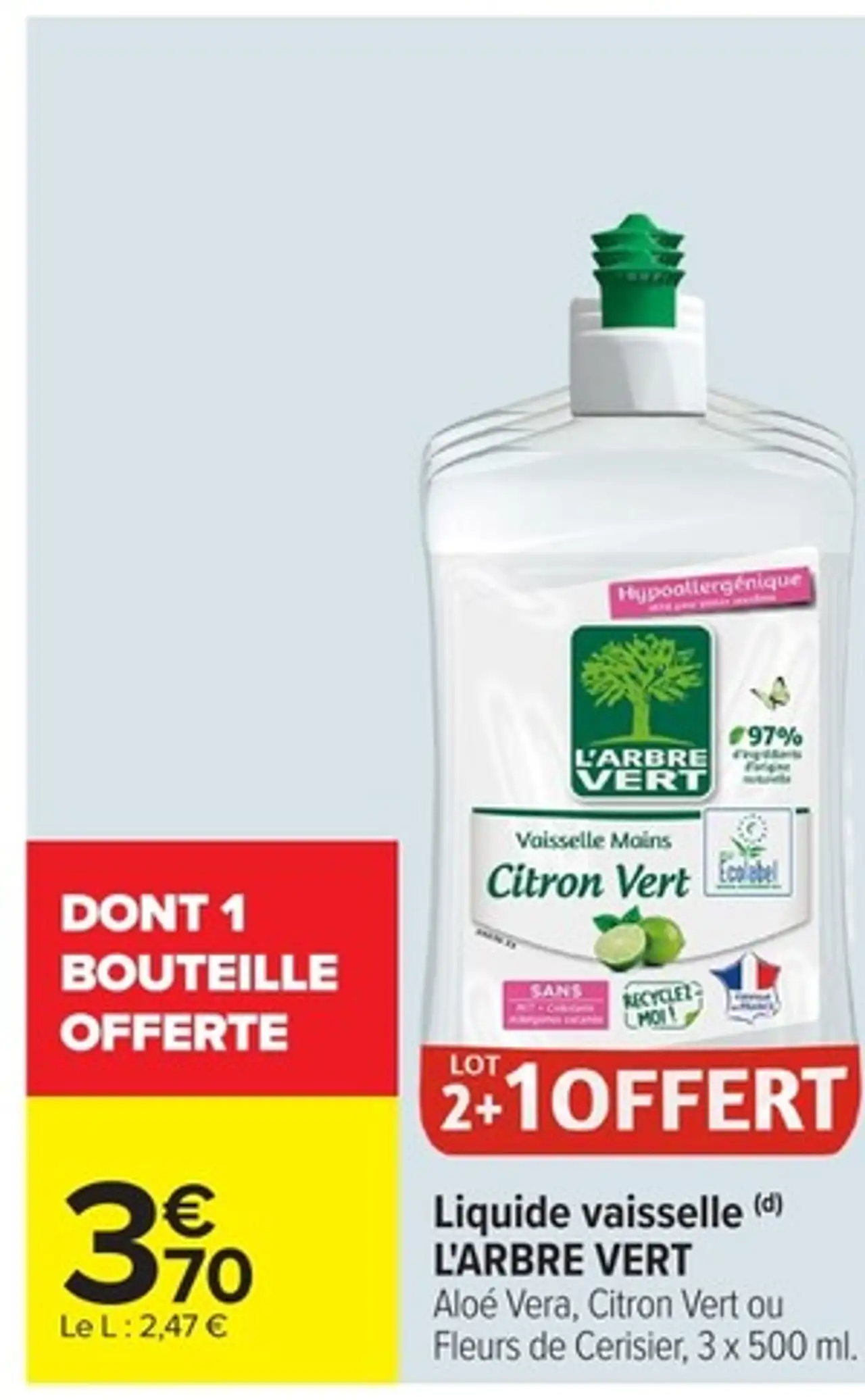 Liquide vaisselle L'ARBRE VERT Aloé Vera, Citron Vert ou Fleurs de Cerisier, 3 x 500 ml.