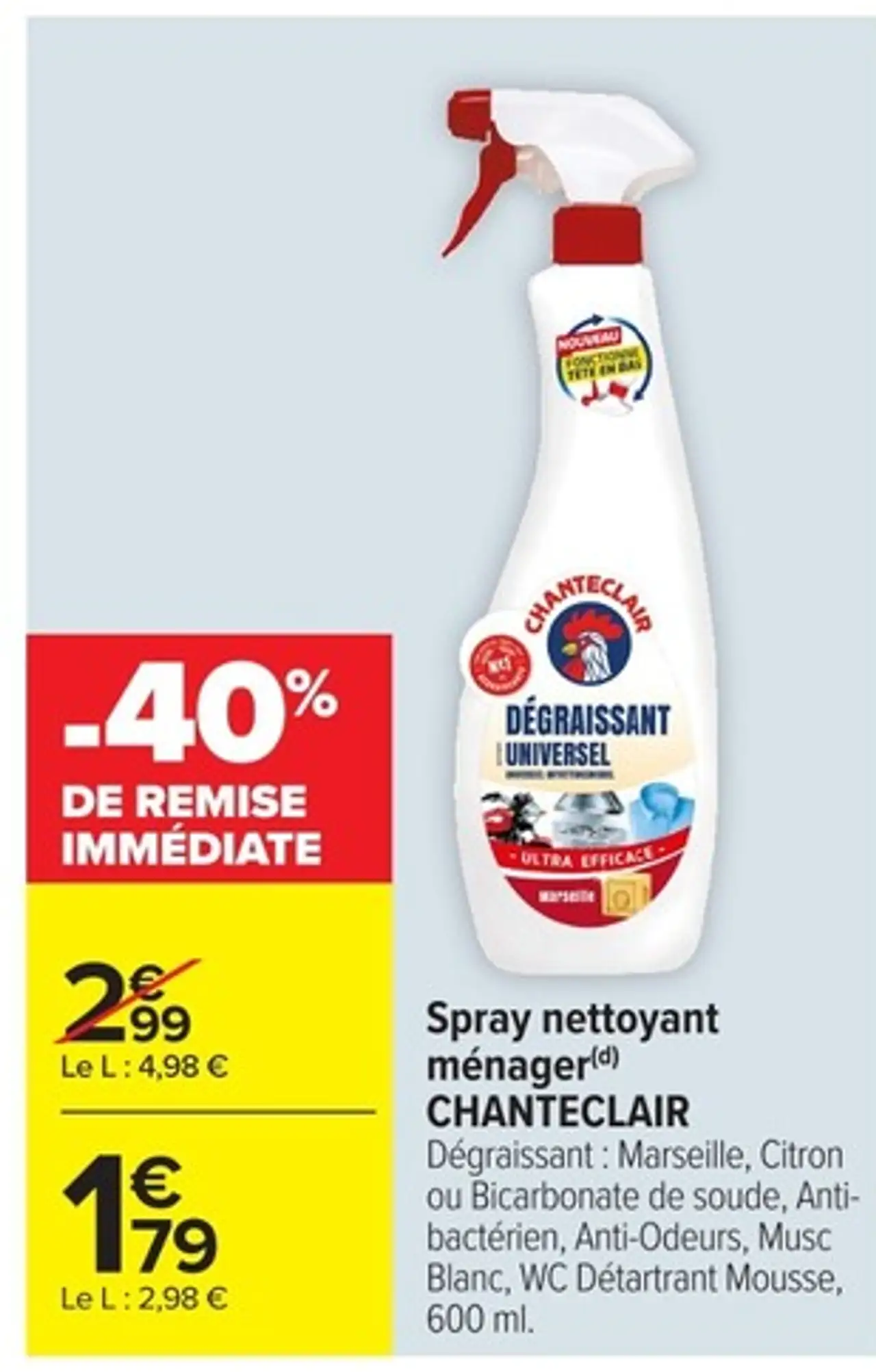 Spray nettoyant ménager CHANTECLAIR Dégraissant : Marseille, Citron ou Bicarbonate de soude, Anti-bactérien, Anti-Odeurs, Musc Blanc, WC Détartrant Mousse, 600 ml.