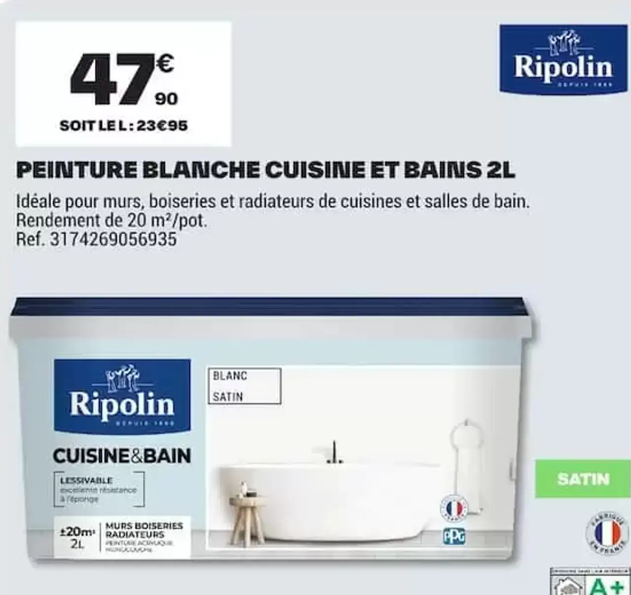 Peinture blanche cuisine et bains 2L Ripolin Satin