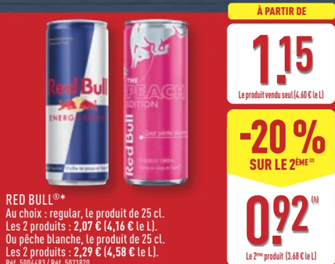 Boisson énergisante Red Bull regular ou pêche blanche