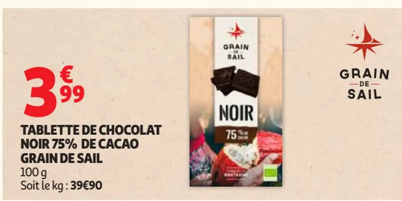 Tablette de chocolat noir 75% de cacao Grain de Sail