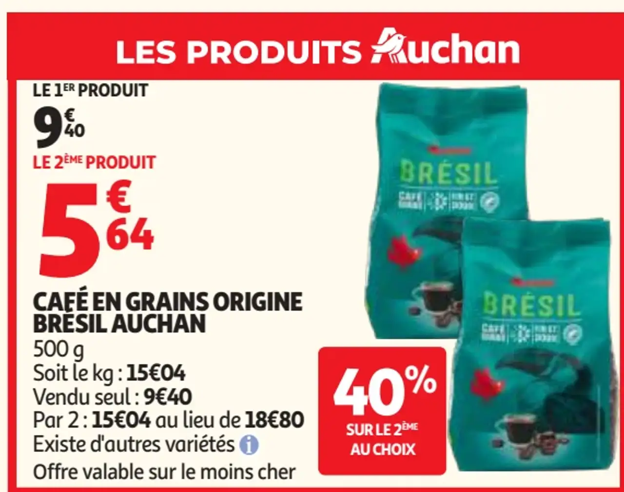 CAFÉ EN GRAINS ORIGINE BRÉSIL AUCHAN