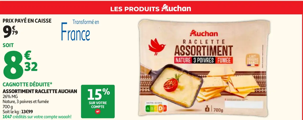 Assortiment Raclette Auchan (Nature, 3 poivres et fumée)