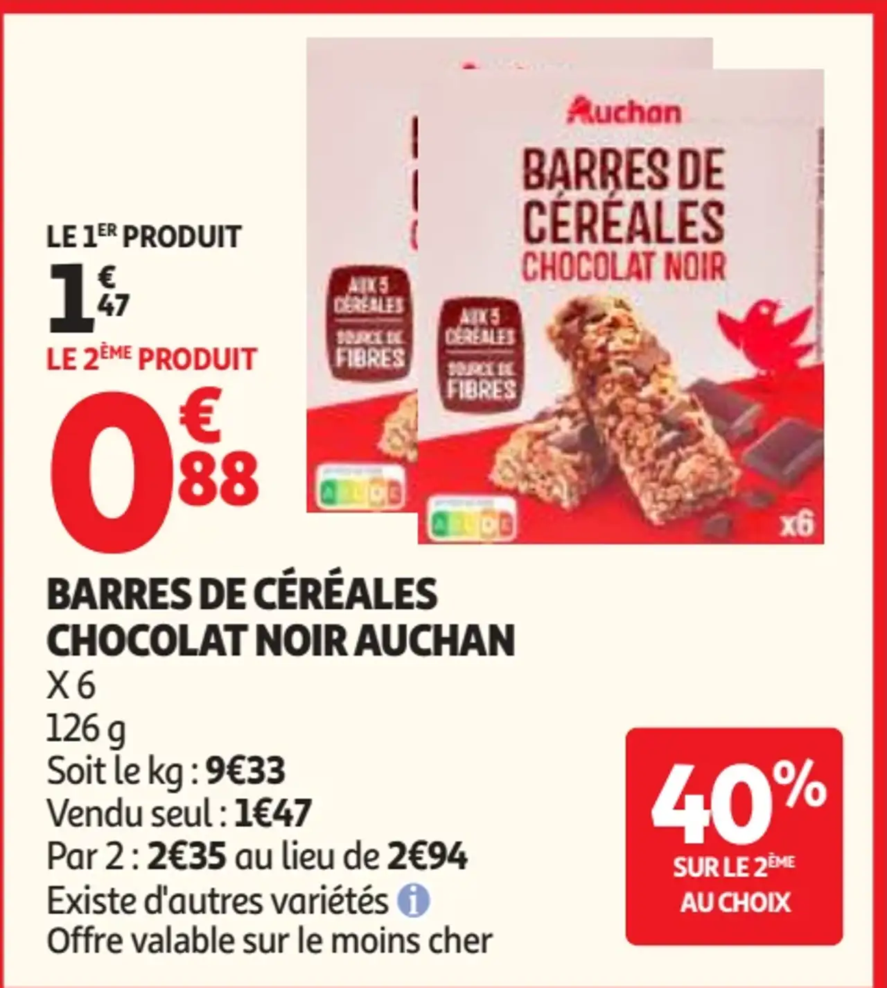 Barres de céréales Chocolat Noir Auchan