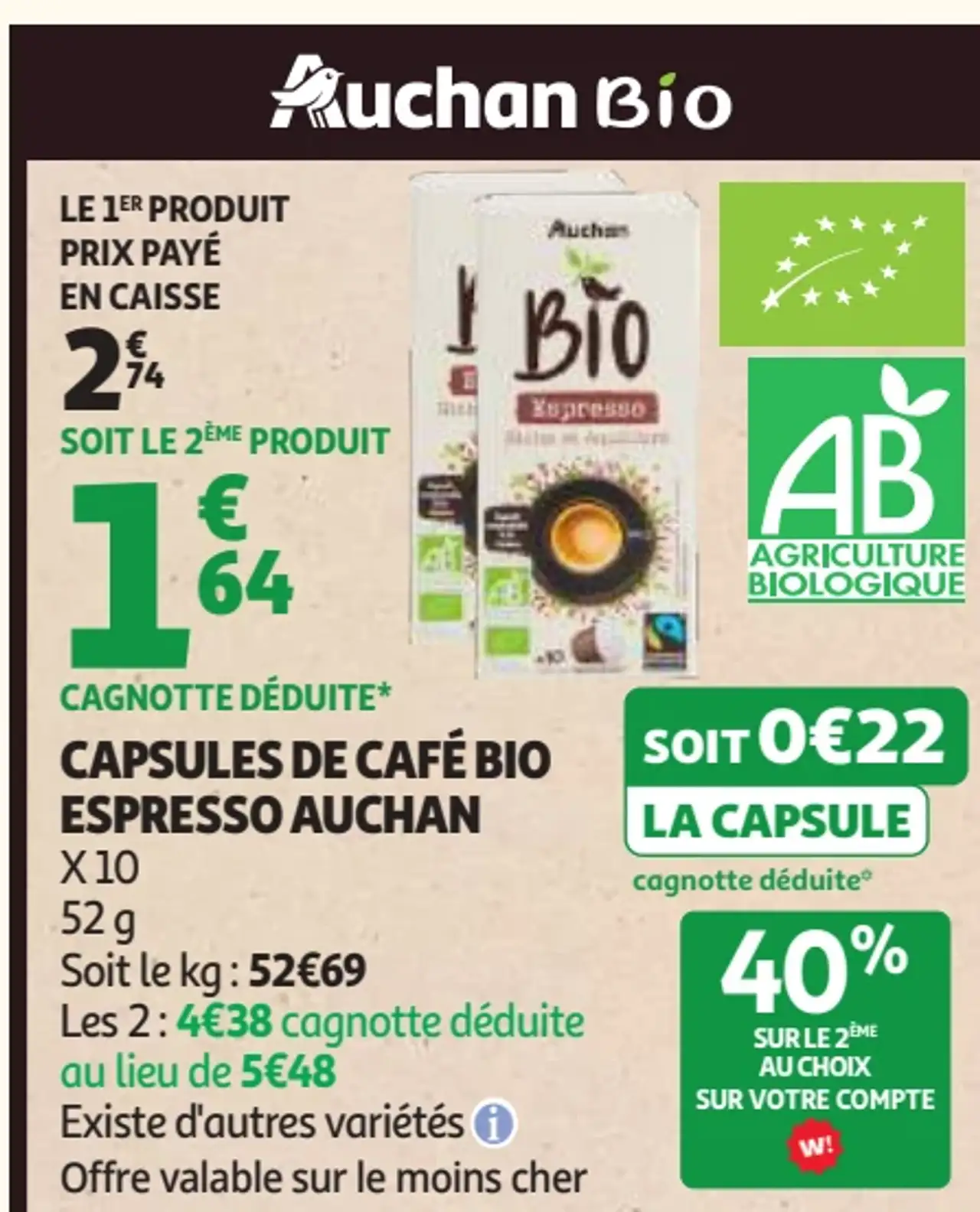 Capsules de café bio espresso Auchan