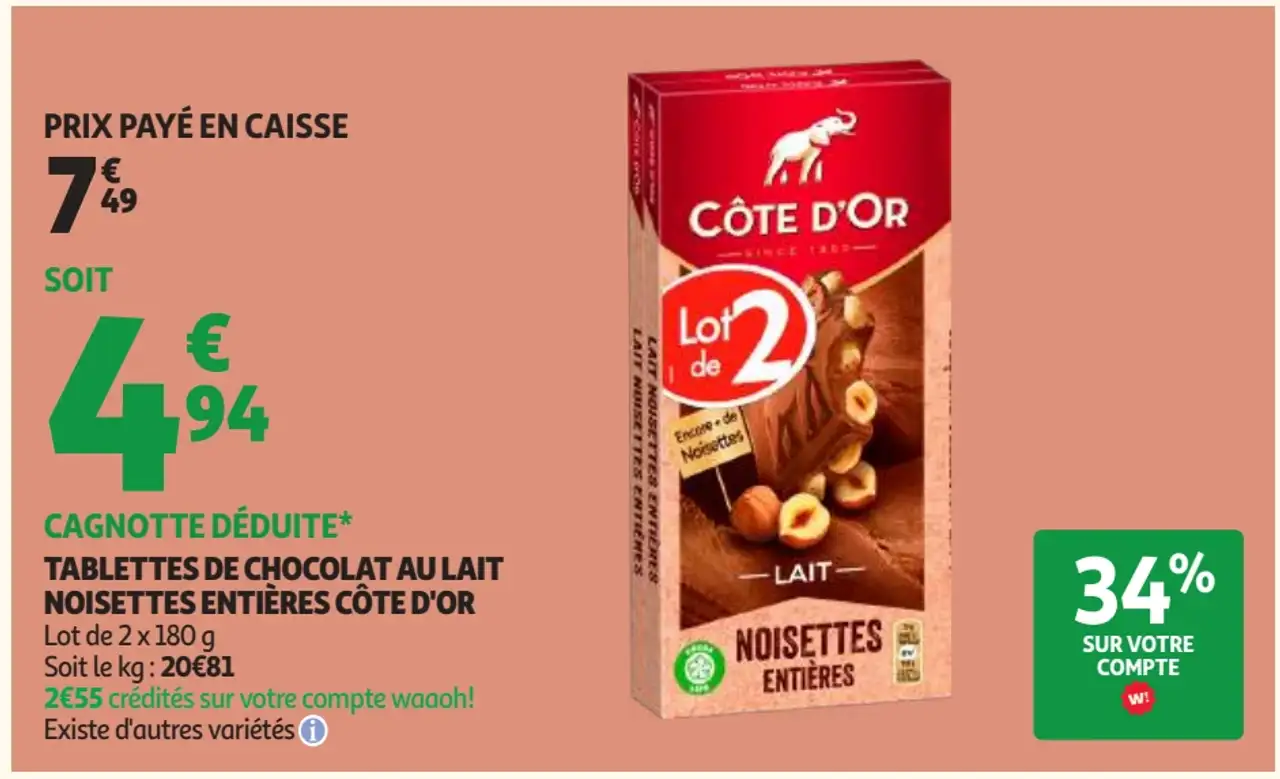 TABLETTES DE CHOCOLAT AU LAIT NOISETTES ENTIÈRES CÔTE D'OR