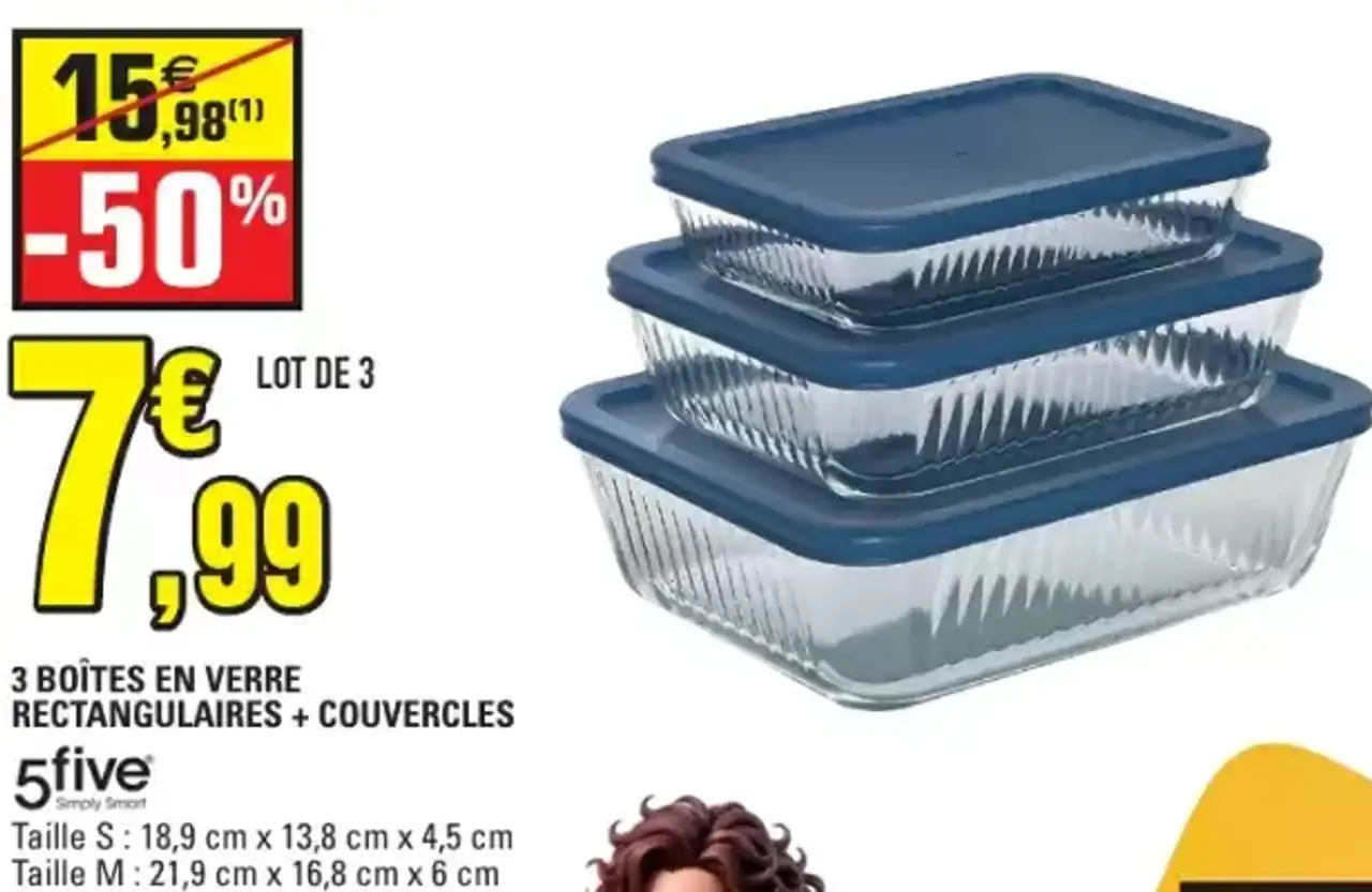3 Boîtes en verre rectangulaires + couvercles 5five