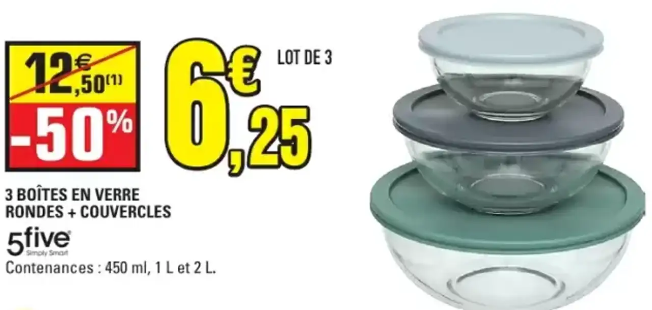 3 Boîtes en verre rondes + couvercles 5five