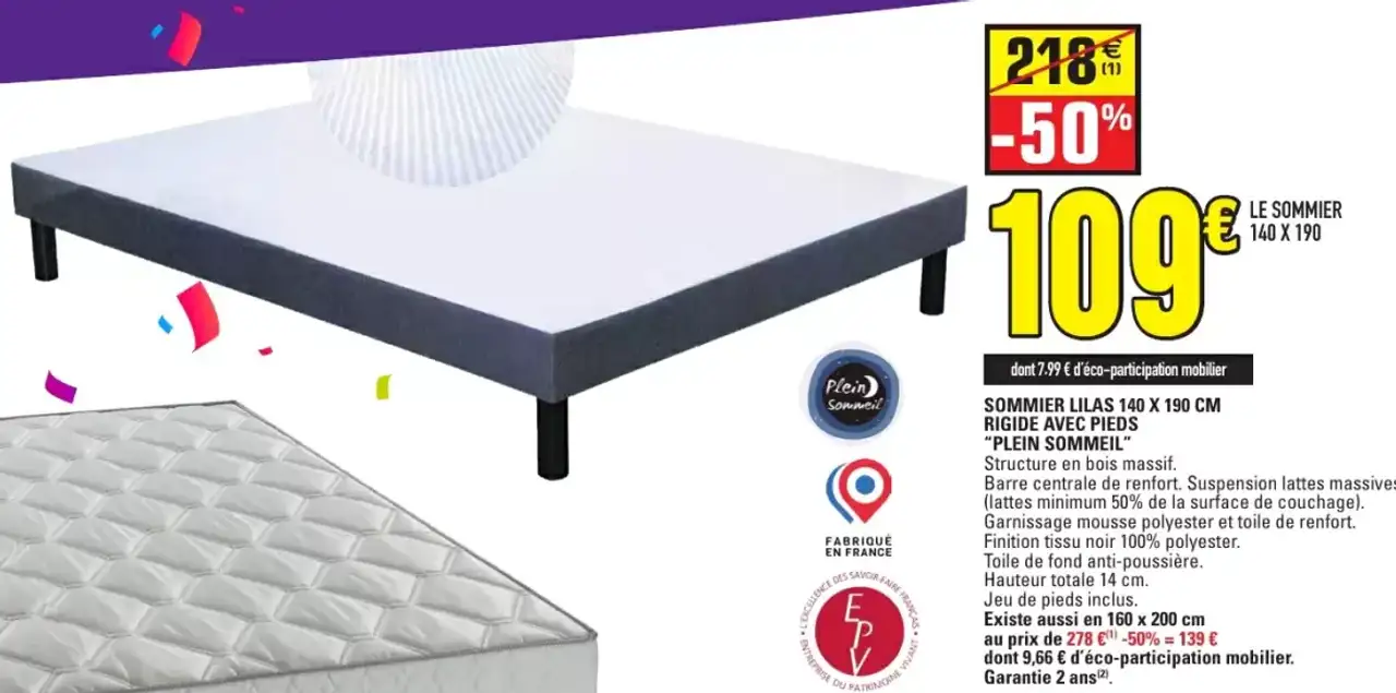 Sommier Lilas 140 X 190 CM Rigide Avec Pieds "Plein Sommeil"