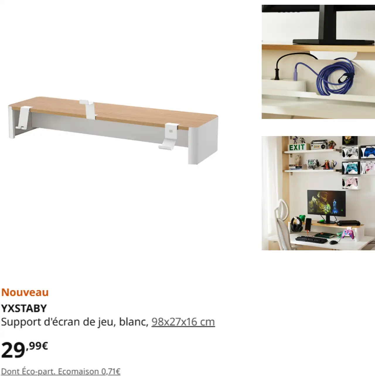 IKEA YXSTABY Support d'écran de jeu, blanc, 98x27x16 cm