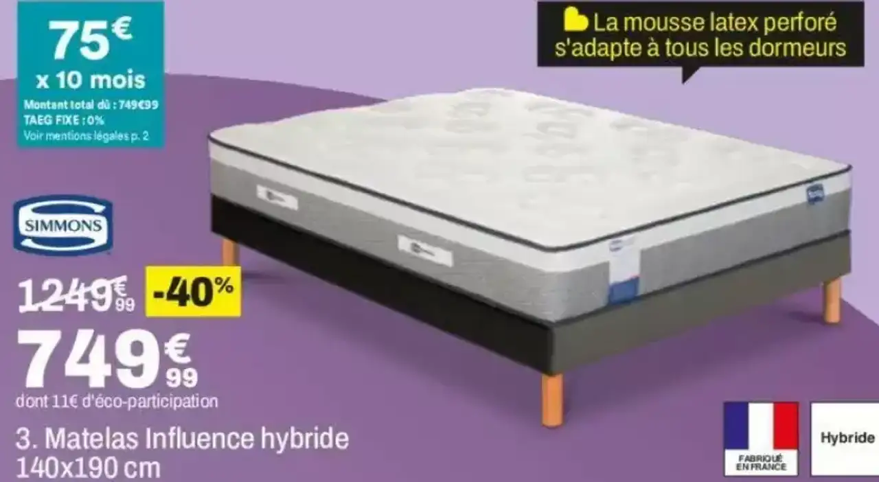 Simmons Matelas Influence hybride 140x190 cm