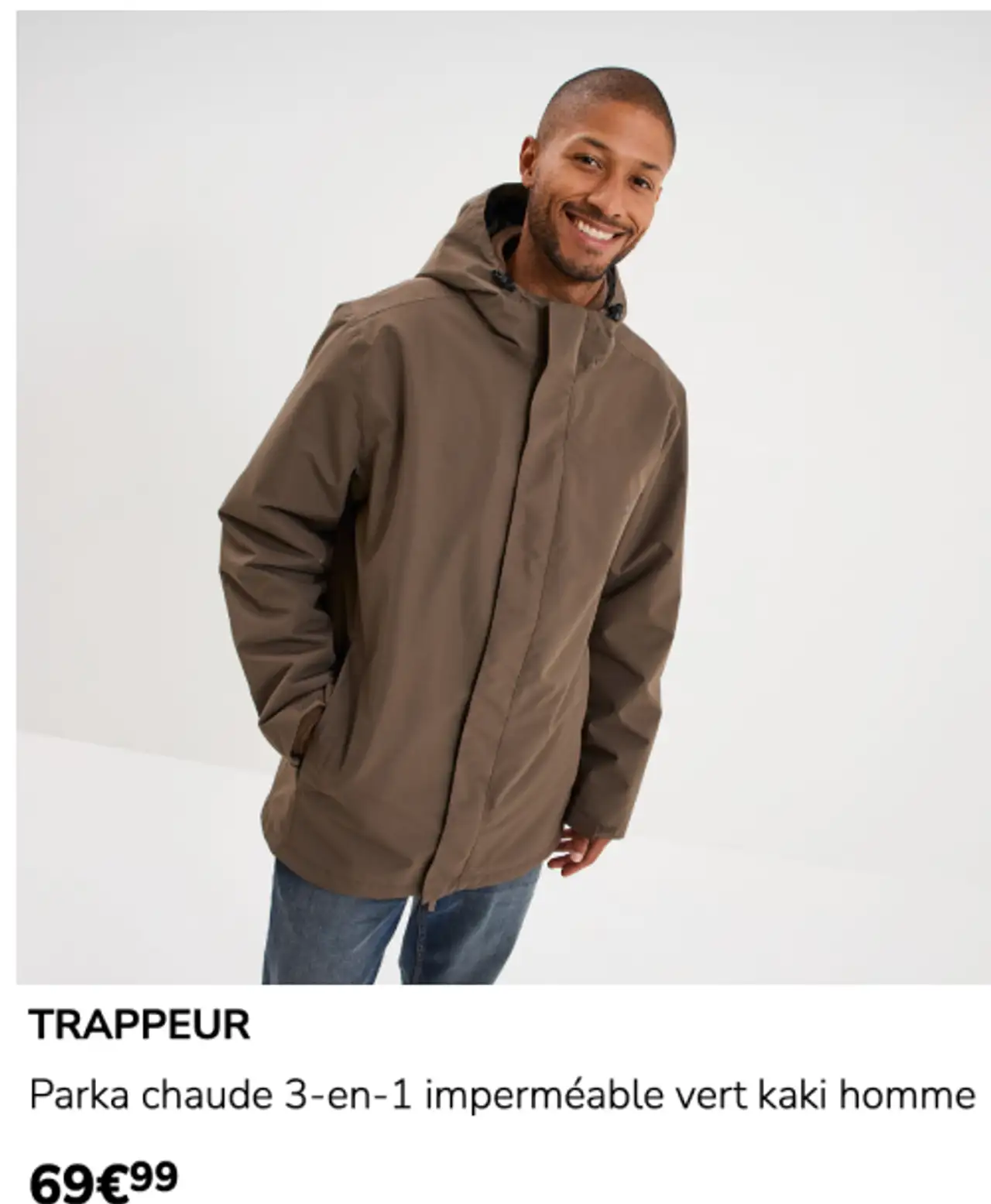 Parka chaude 3-en-1 imperméable vert kaki homme Trappeur