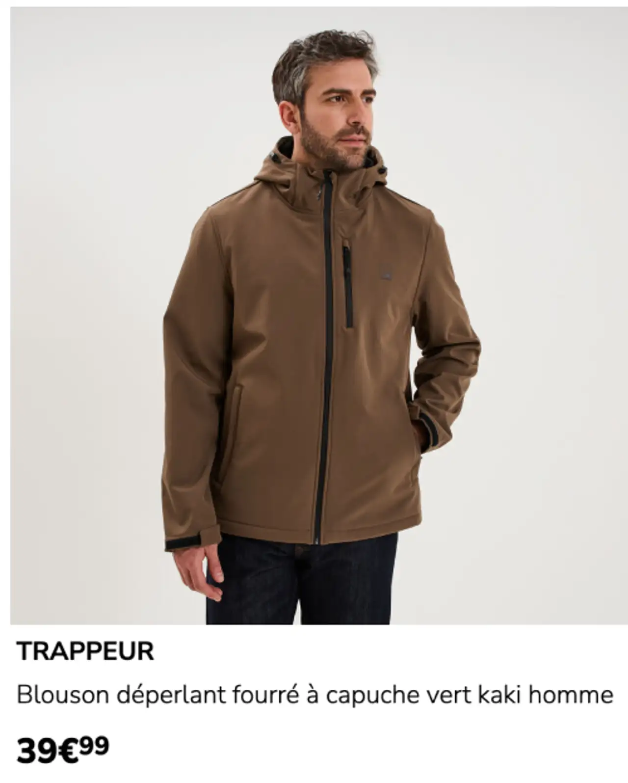 Blouson déperlant fourré à capuche vert kaki homme TRAPPEUR