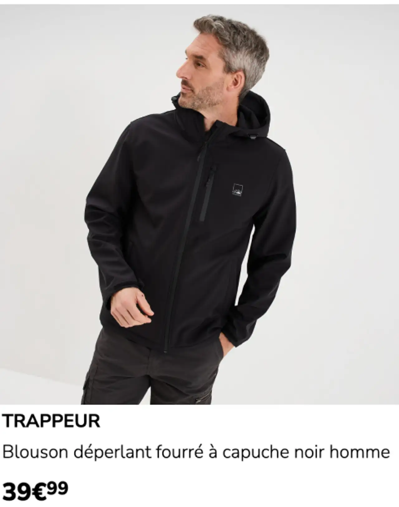 TRAPPEUR Blouson déperlant fourré à capuche noir homme