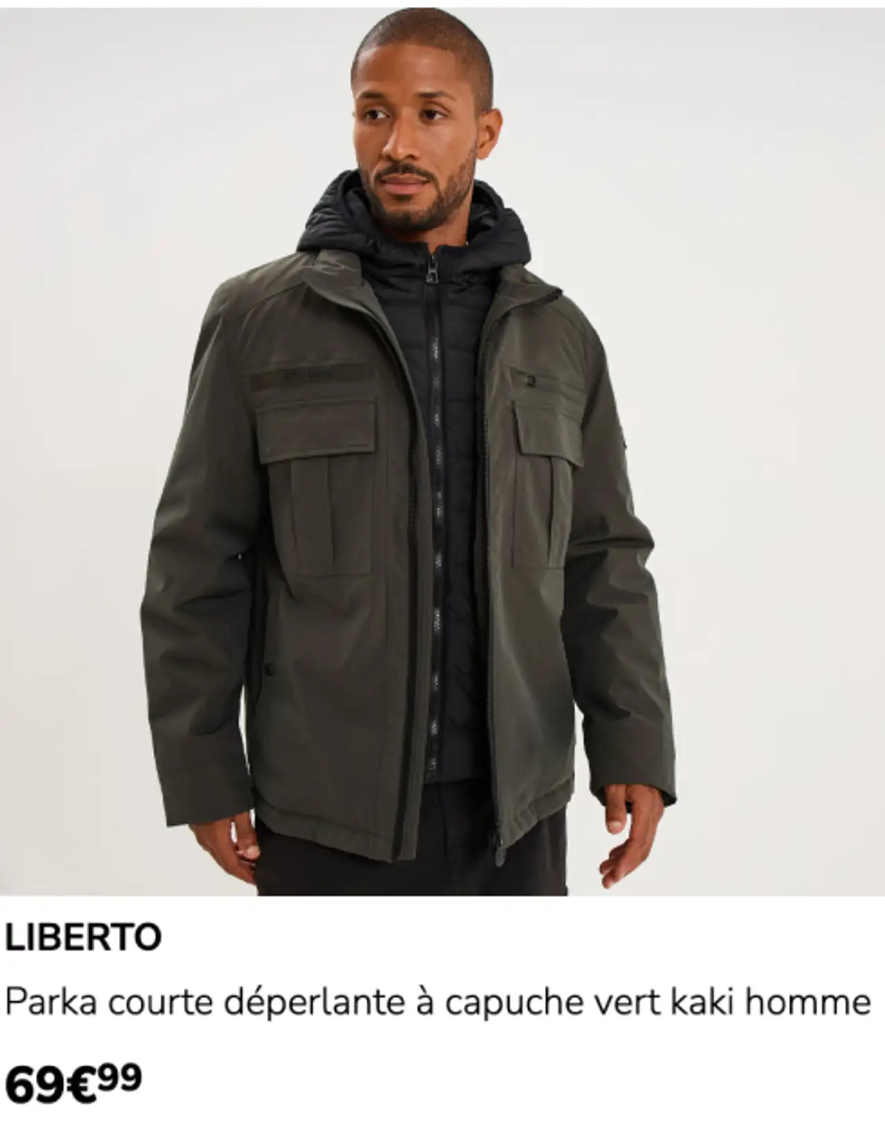 LIBERTO Parka courte déperlante à capuche vert kaki homme