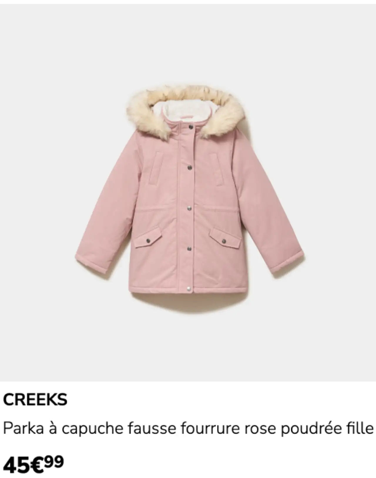 Parka à capuche fausse fourrure rose poudrée fille Creeks