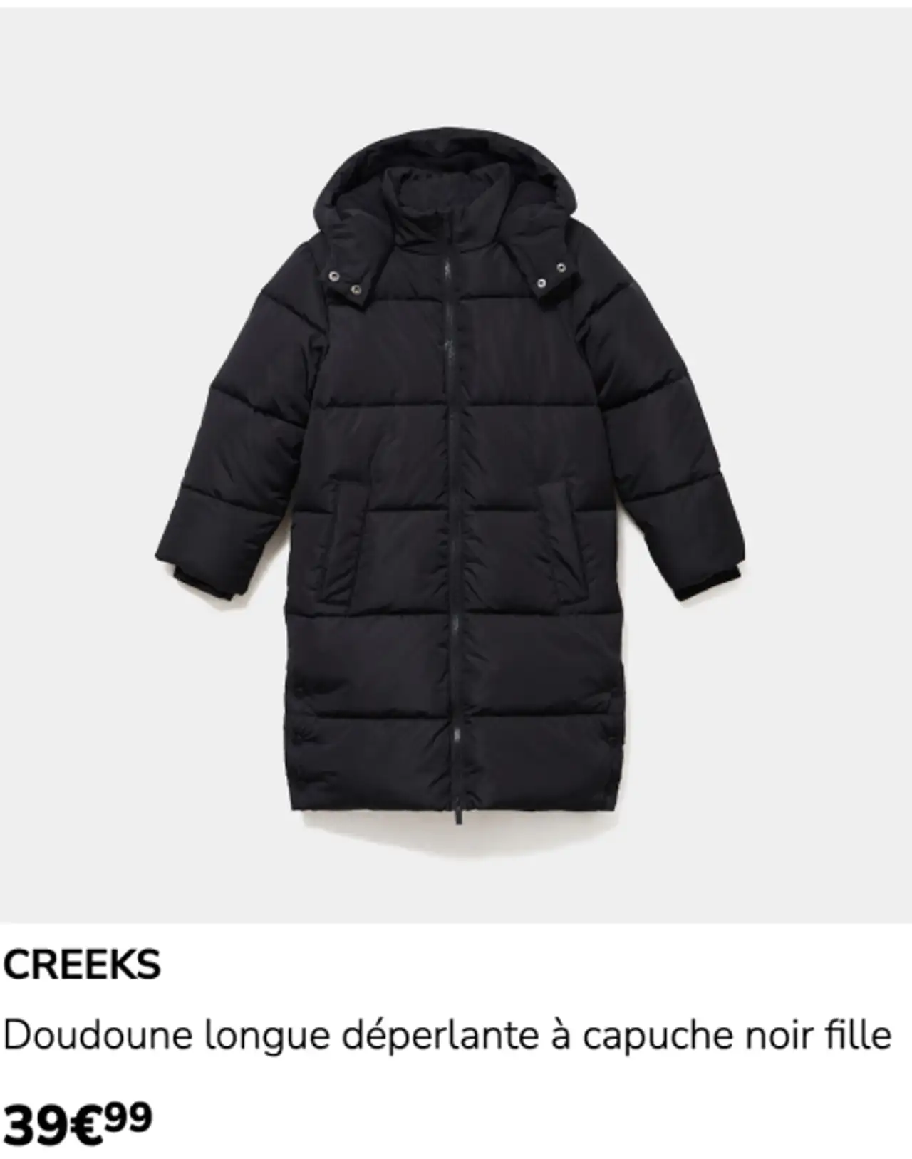 Doudoune longue déperlante à capuche noir fille Creeks